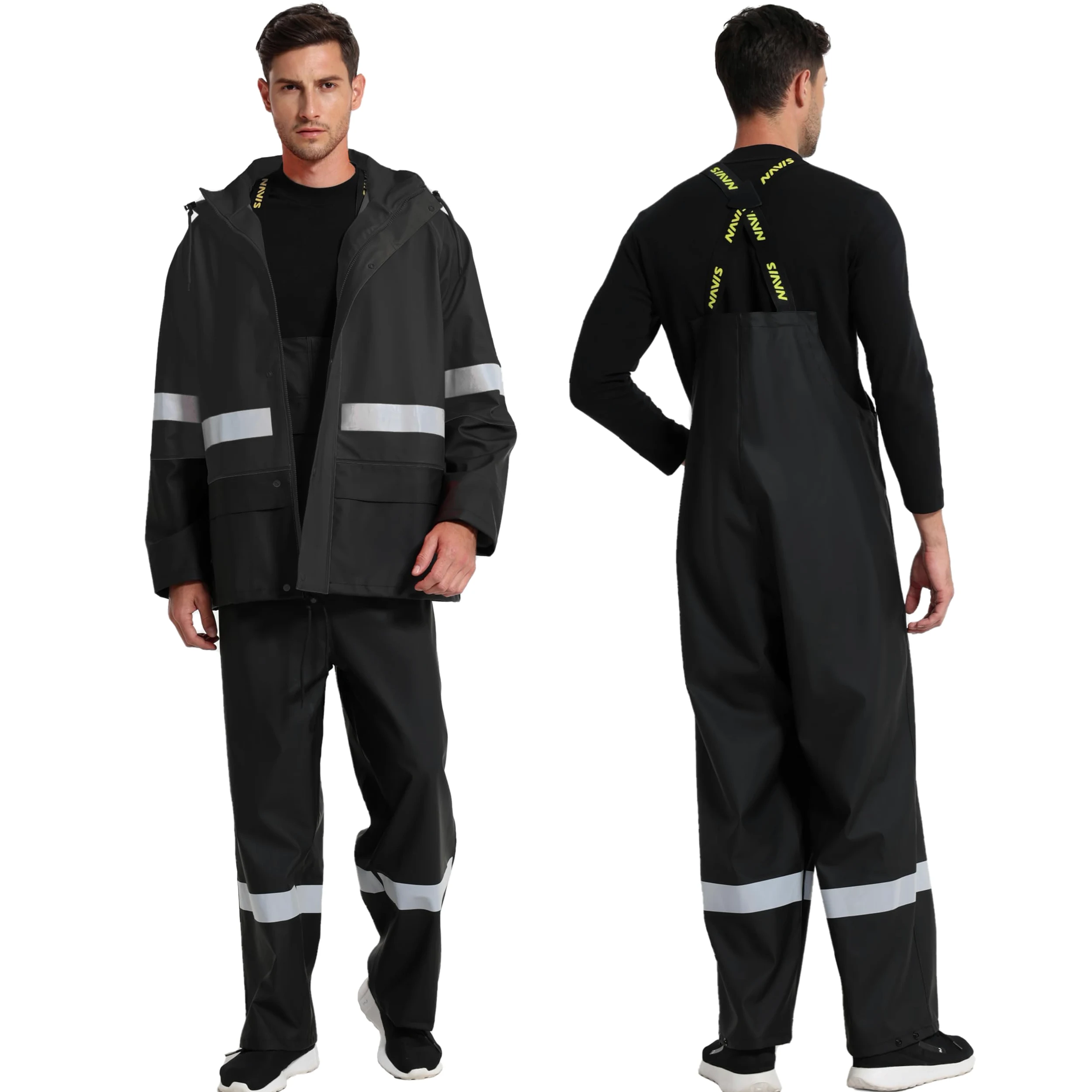 Traje de Lluvia Hombre Impermeable PU - Chaqueta y Peto Ajustable con Capucha Extraíble para Pesca, Construcción, Trabajo y Outdoor
