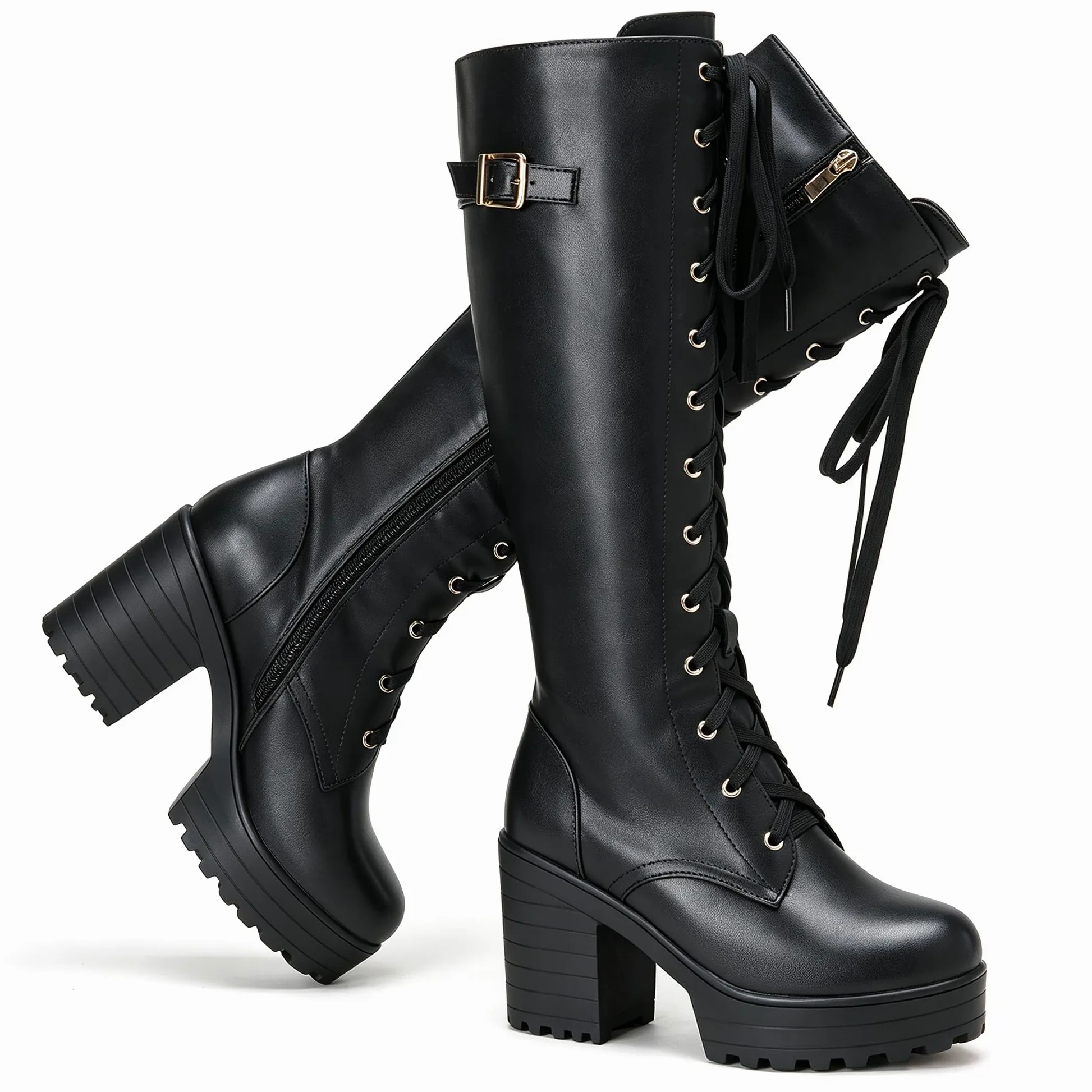 Women Fashion Platform Knee High Boots Lace Up Chunky Heel Boots with Buckle Side Zipper Biker Boots