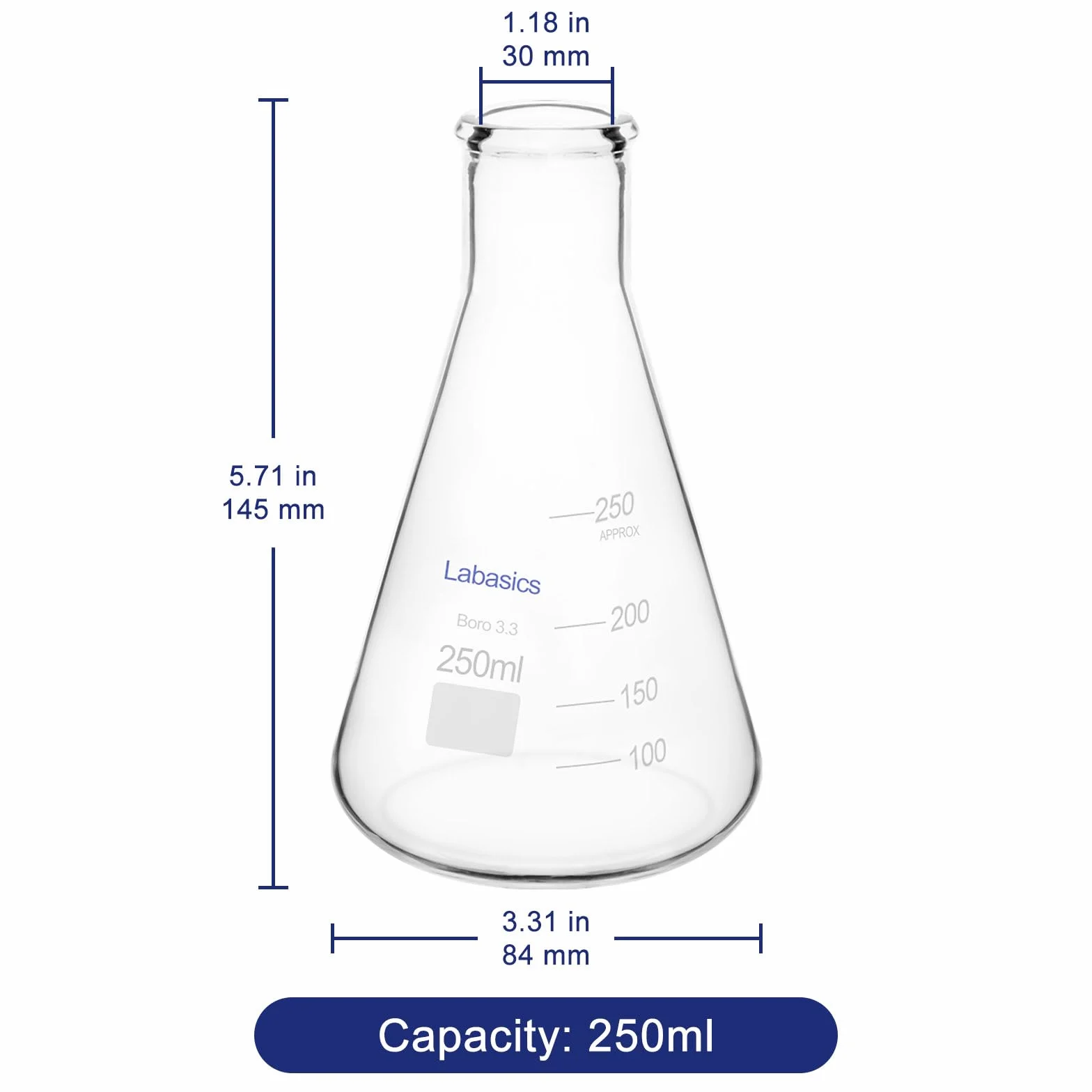 Matraz Erlenmeyer Boca Estrecha 250ml Cristal Borosilicato Labasics