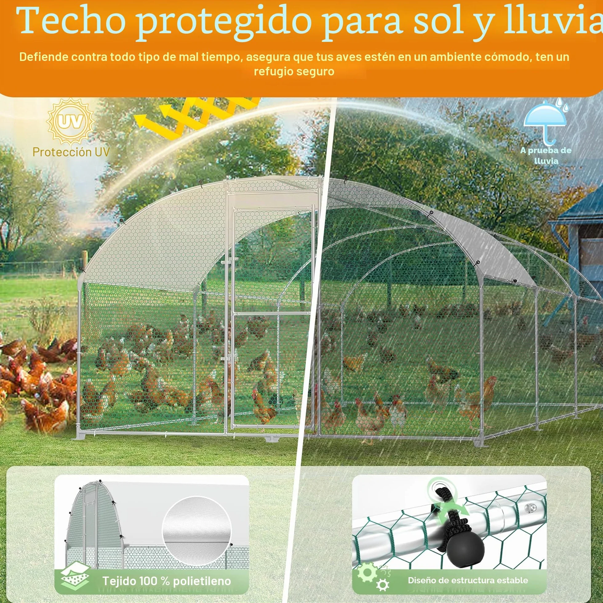 HENGMEI Gallinero 300x200x200cm Acero galvanizado Jaula para gallinas con techo de PE Exterior