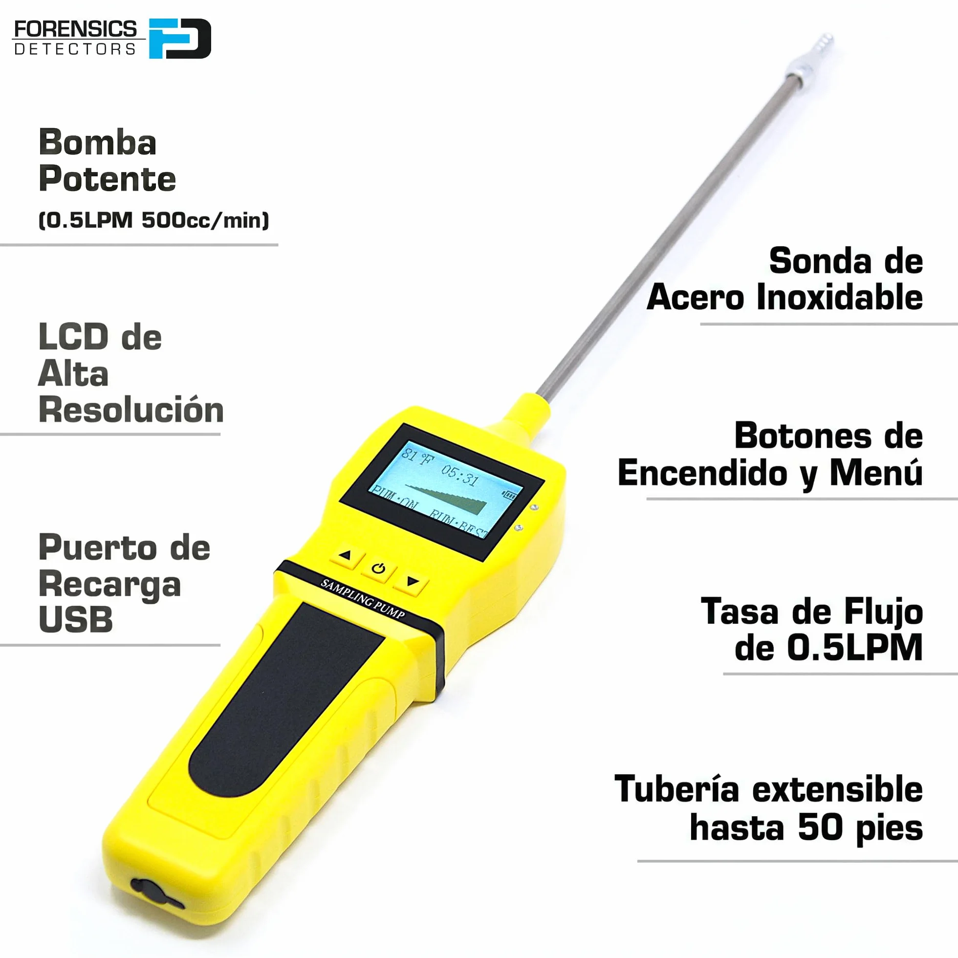 Bomba de Muestreo de Gas Forensics | Sonda de Acero Inoxidable | Caudal 0,5 LPM | ABS Reforzado | Recarga USB