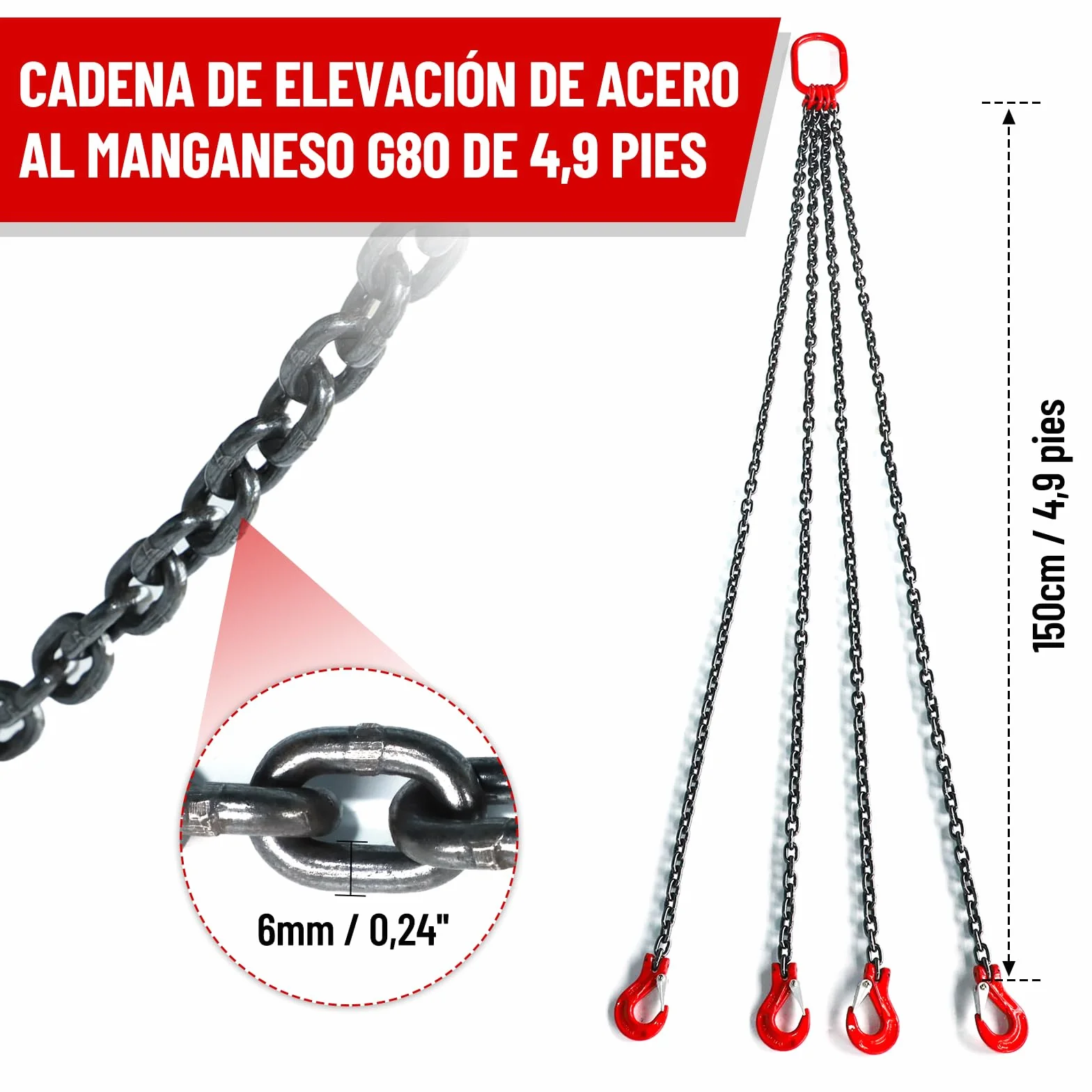 Cadena de Elevación G80 3000 kg 4 Cadenas con Ganchos
