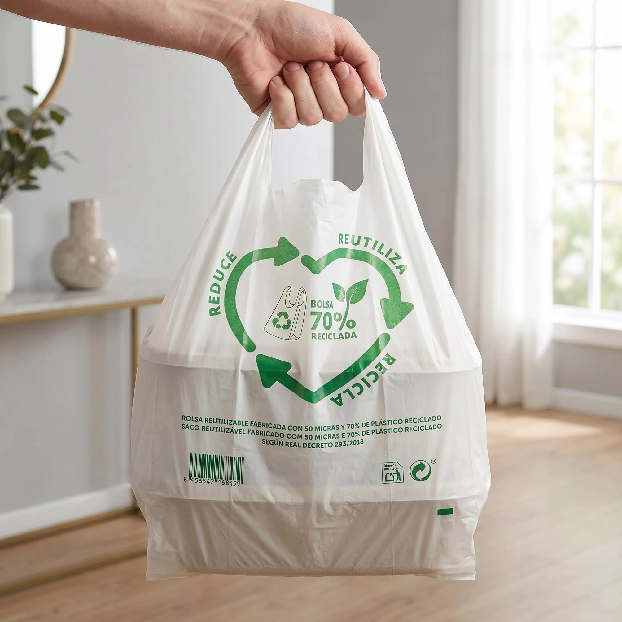 Bolsas de Plástico Asa Camiseta Blanco 50x60 cm 100 Unidades Reutilizables Resistentes 50 Micras 70% Reciclado Aptas Alimentación