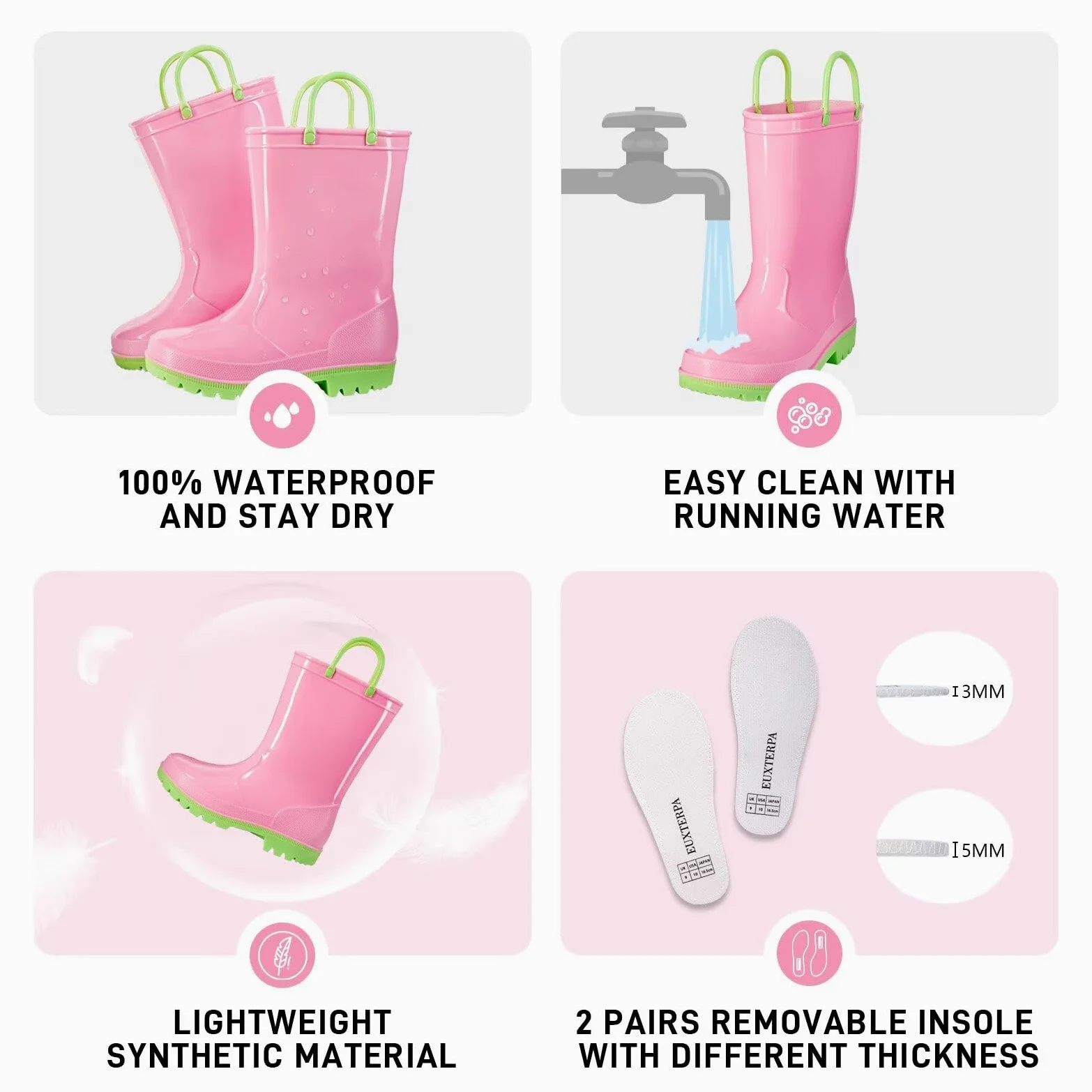 EUXTERPA Botas de lluvia impermeables para niños y niñas, color sólido, con asas