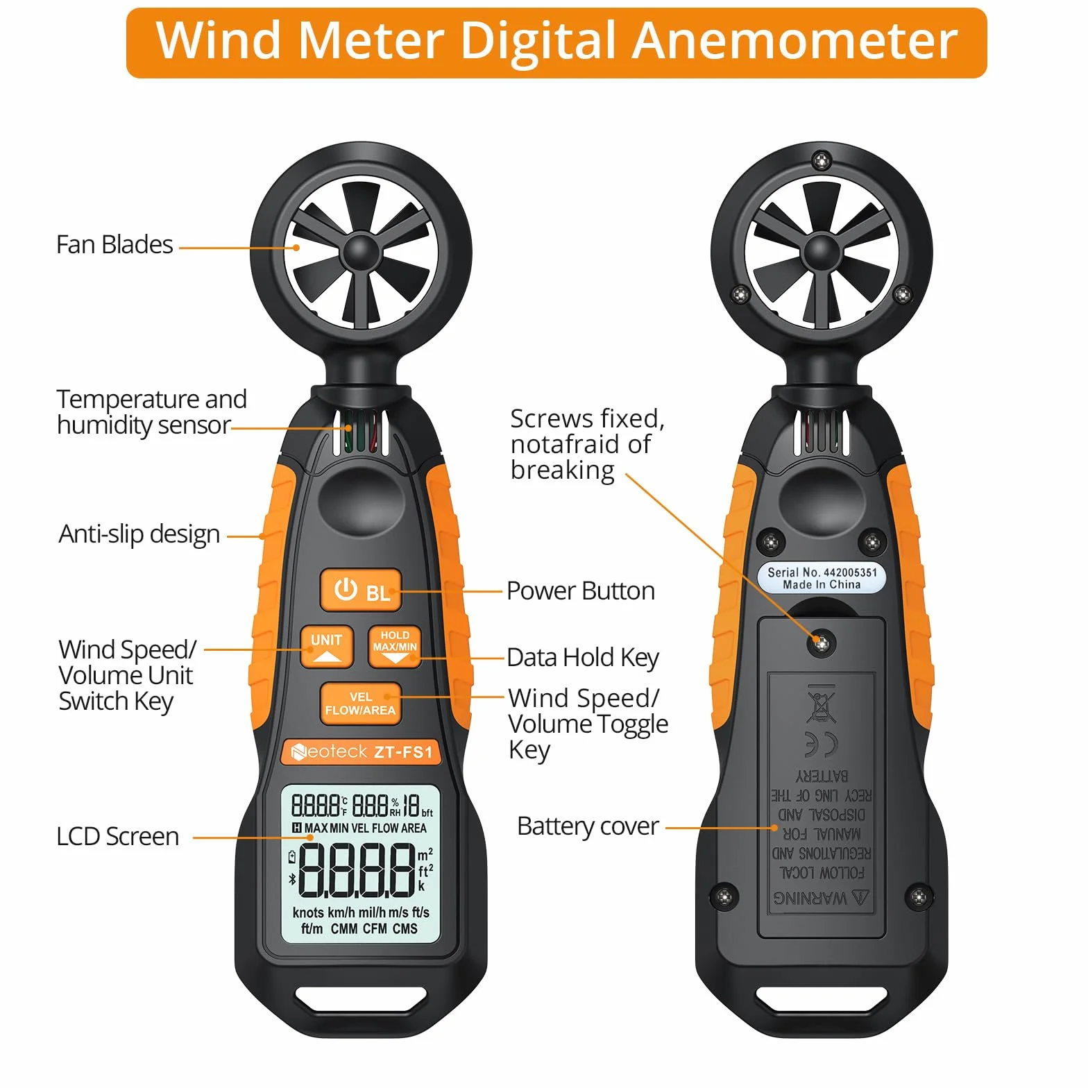 Anemometro Portátil Neoteck Medidor de Velocidad del Viento Digital con LCD Retroiluminación