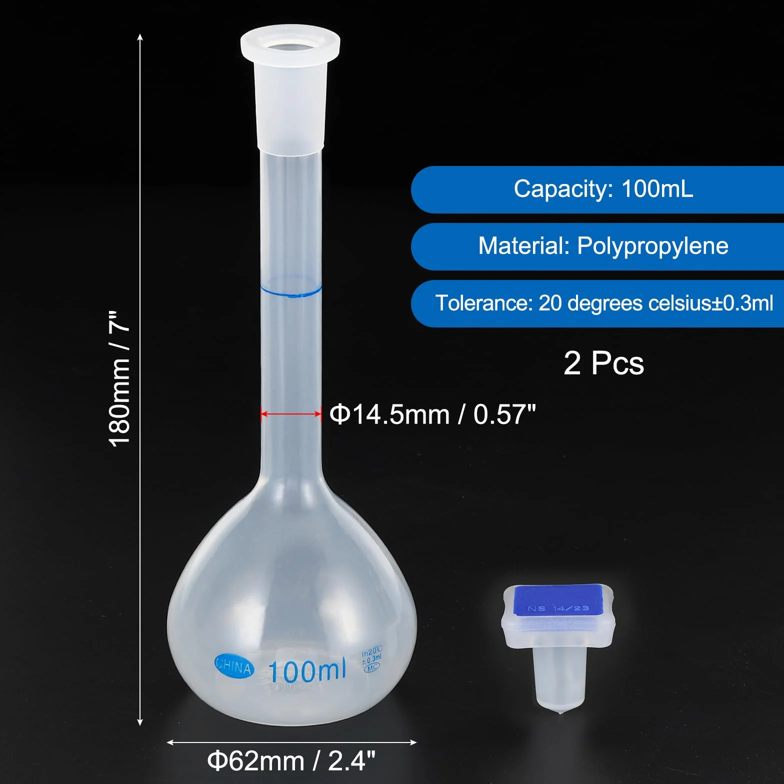 PATIKIL 100ml Aforado Matraz, 2 Paquete Polipropileno Graduado con Tapón Tolerancia 0,3ml para Laboratorio