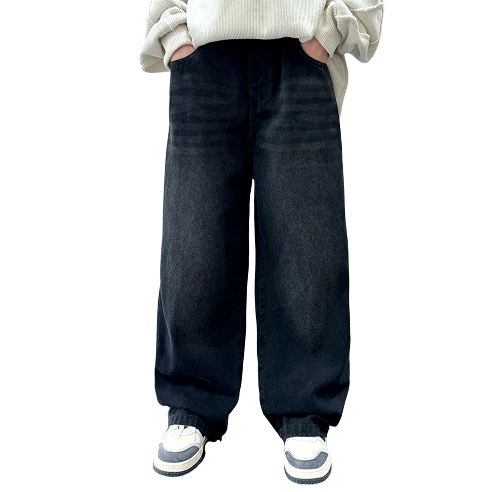 Jeans holgados para niños, cintura elástica, pantalones de mezclilla clásicos rectos de pierna ancha para niños de 6 a 14 años