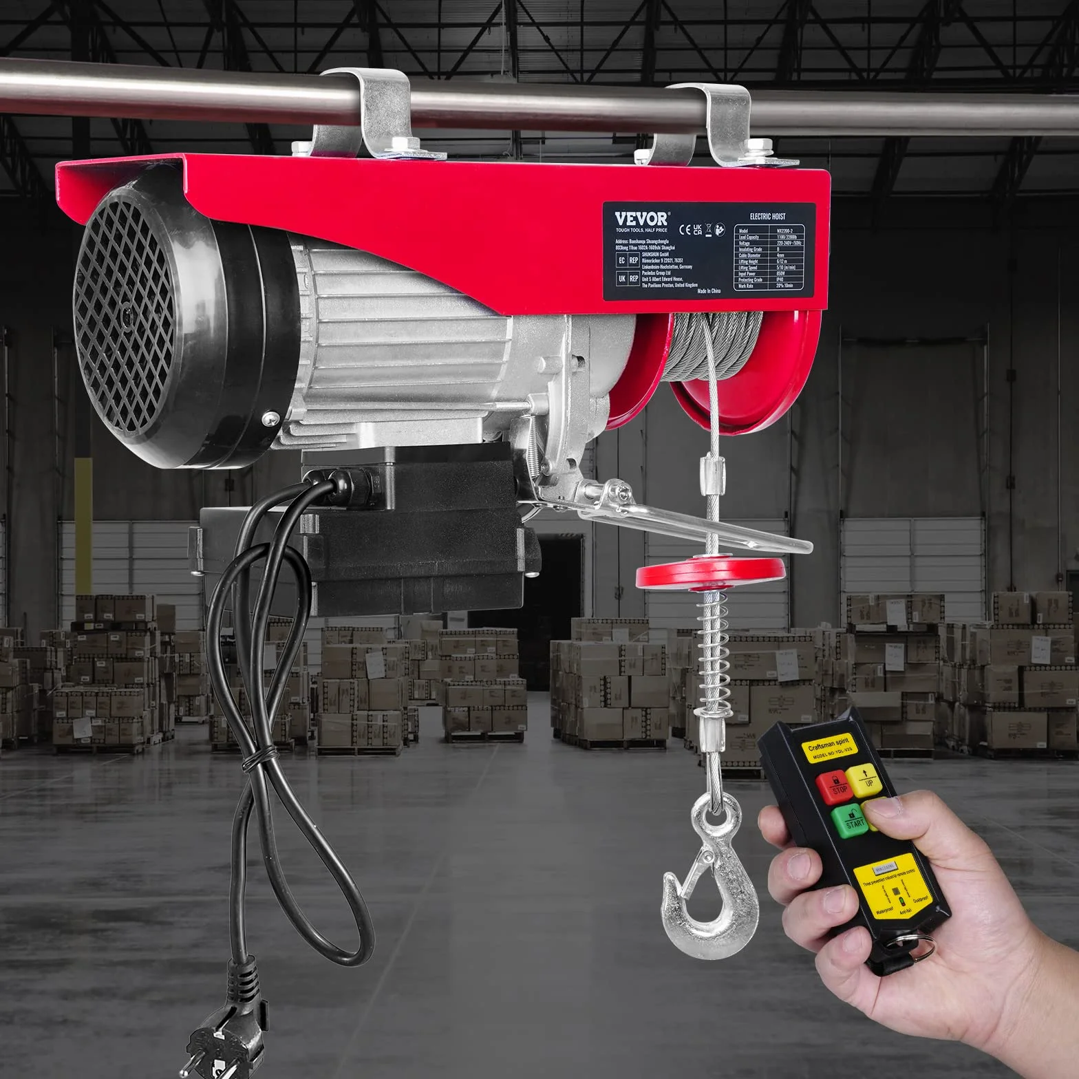 VEVOR Polipasto Eléctrico 1000 kg 1600W Mando a Distancia Inalámbrico 10m/min Altura Elevación 12m