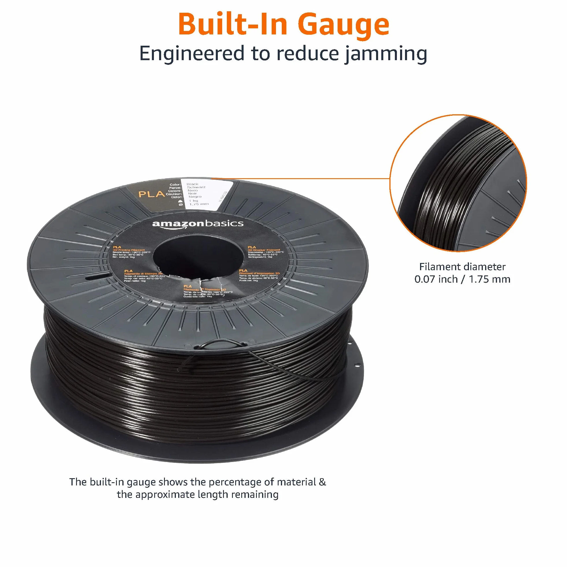 Amazon Basics Filamento PLA 1.75 mm 1 kg Negro para Impresora 3D