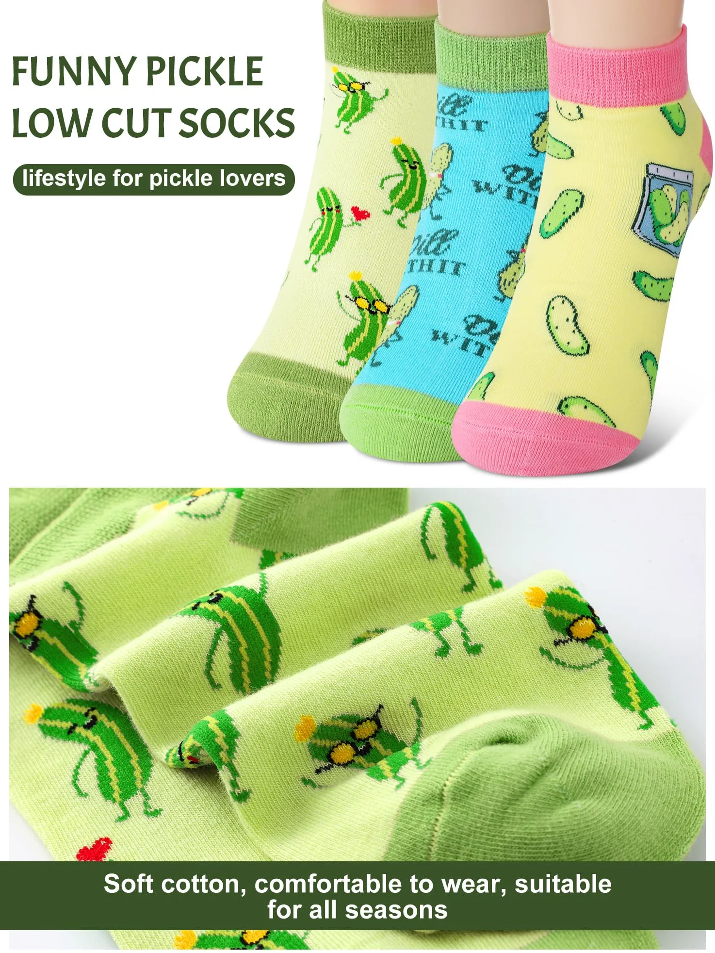 8 pares de calcetines divertidos de pepinillos, calcetines de eneldo, calcetines de algodón, regalos para amantes de los pepinillos, mujeres y hombres