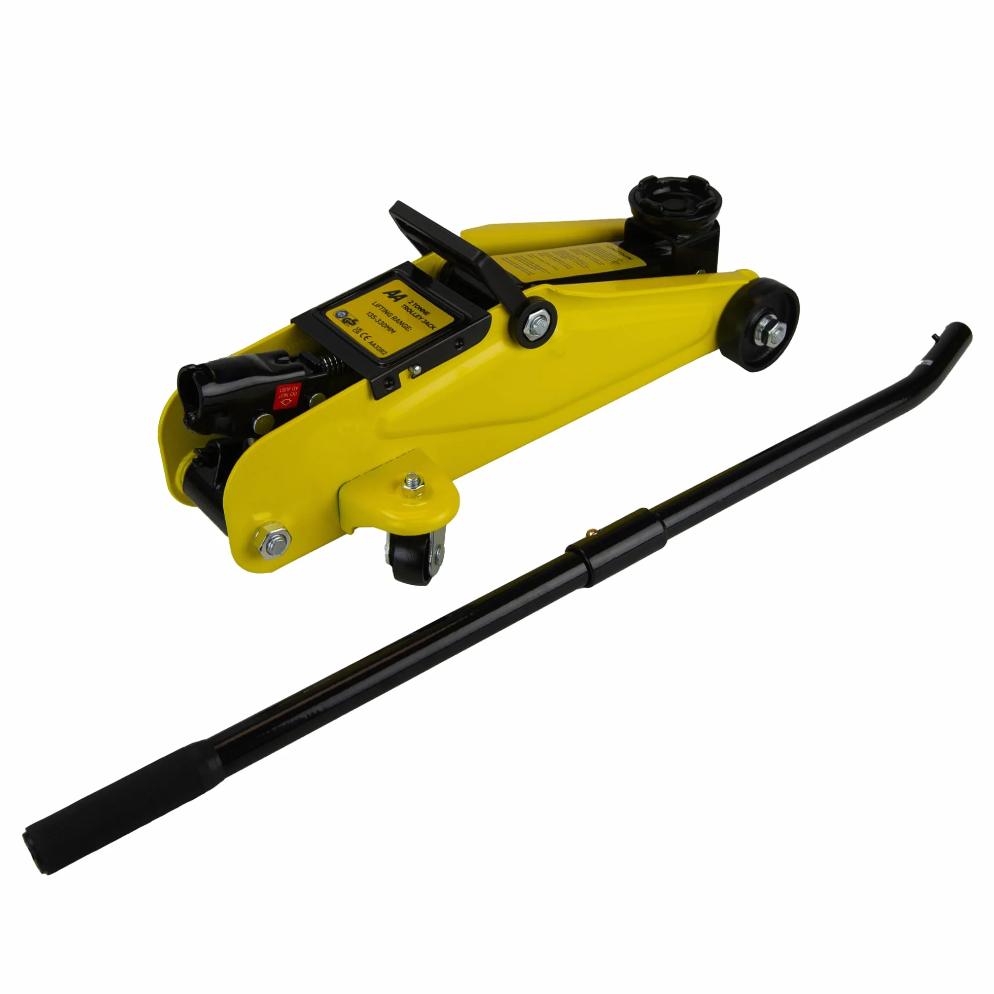 Gato hidráulico de 2 toneladas AA3282, Rango de elevación 135-330 mm, Aprobado TUV/GS, Incluye maletín, Negro y Amarillo