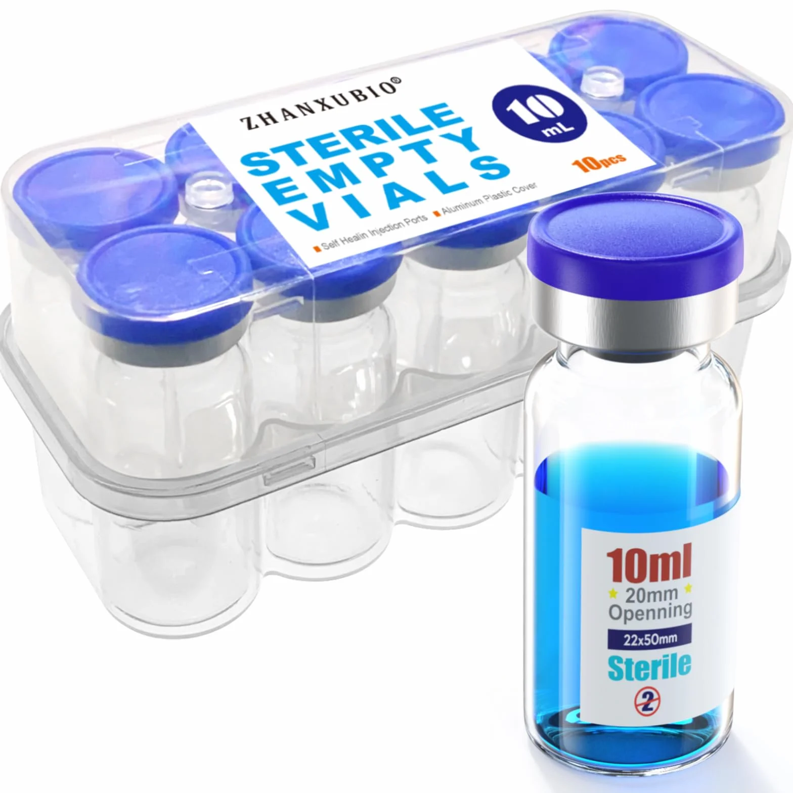 Frascos de vidrio estériles 10 ml con puerto de inyección autorreparable y tapa abatible, 10 unidades