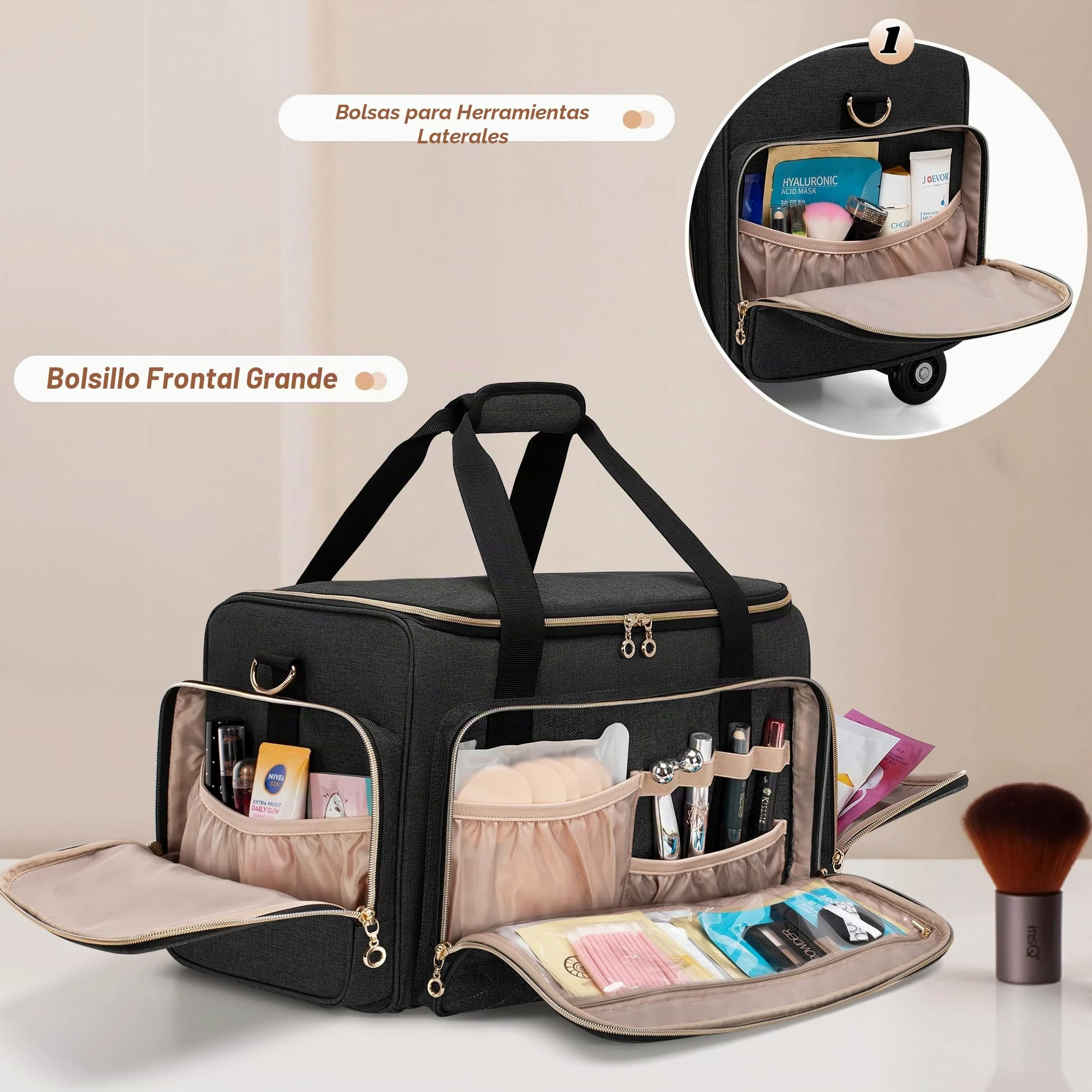 Luxja Estuche de Maquillaje con Ruedas, Bolsa de Cosméticos, Negro | Bolsa de Maquillaje con 3 Bolsas Extraíbles y 1 Bolsa para Brochas de Maquillaje