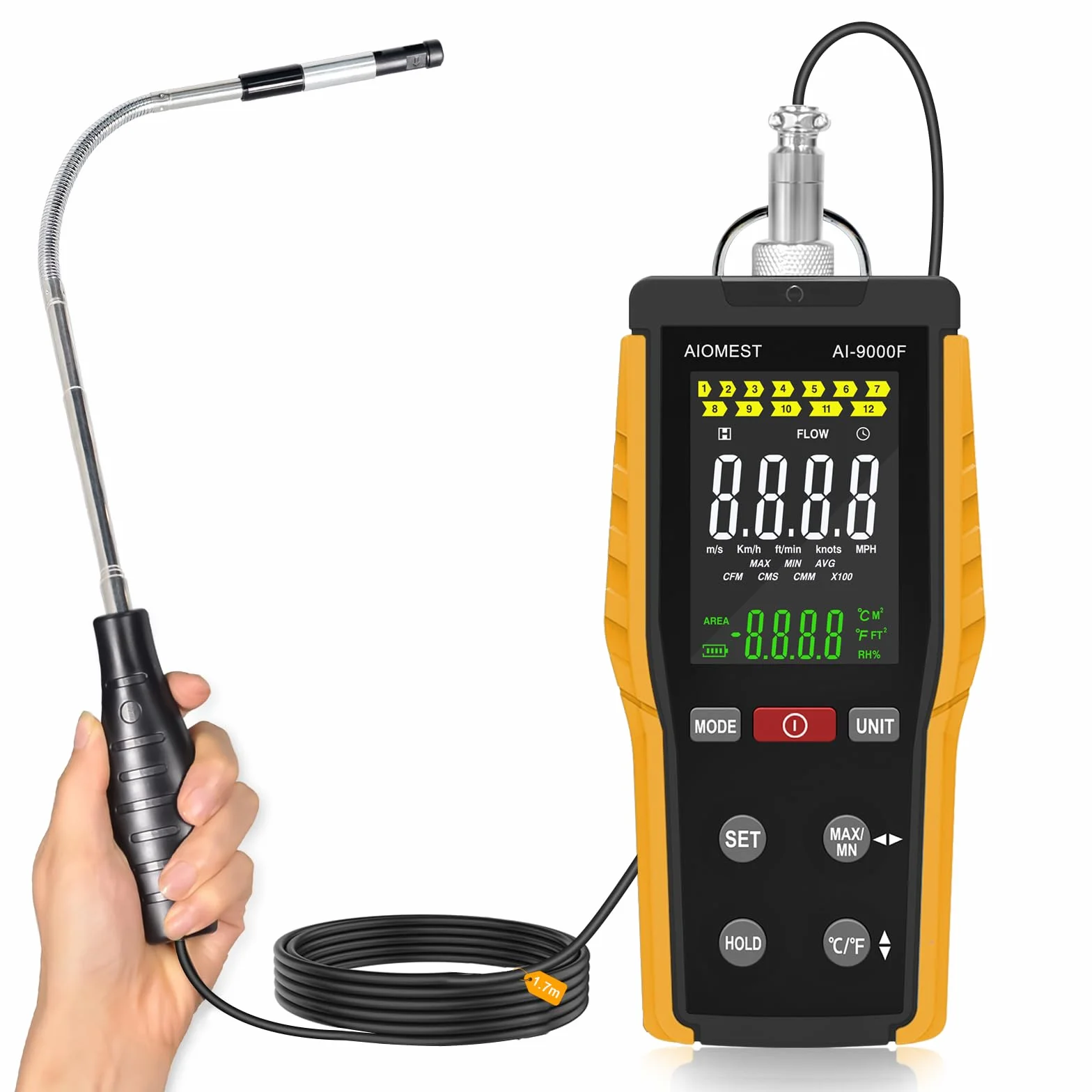 Anemómetro Térmico de Hilo Caliente AIOMEST AI-9000F HVAC Medidor de Viento Velocidad y Temperatura