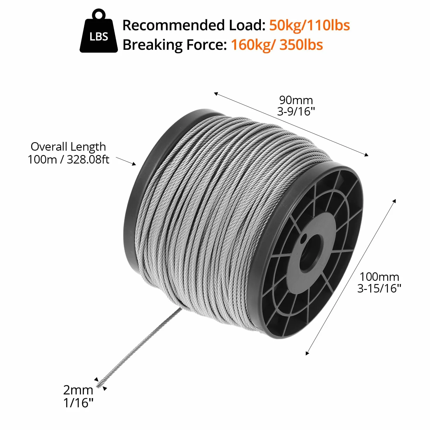 QWORK Cuerda de acero inoxidable 304 2 mm x 100 m 7x7 Capacidad de carga 50 kg