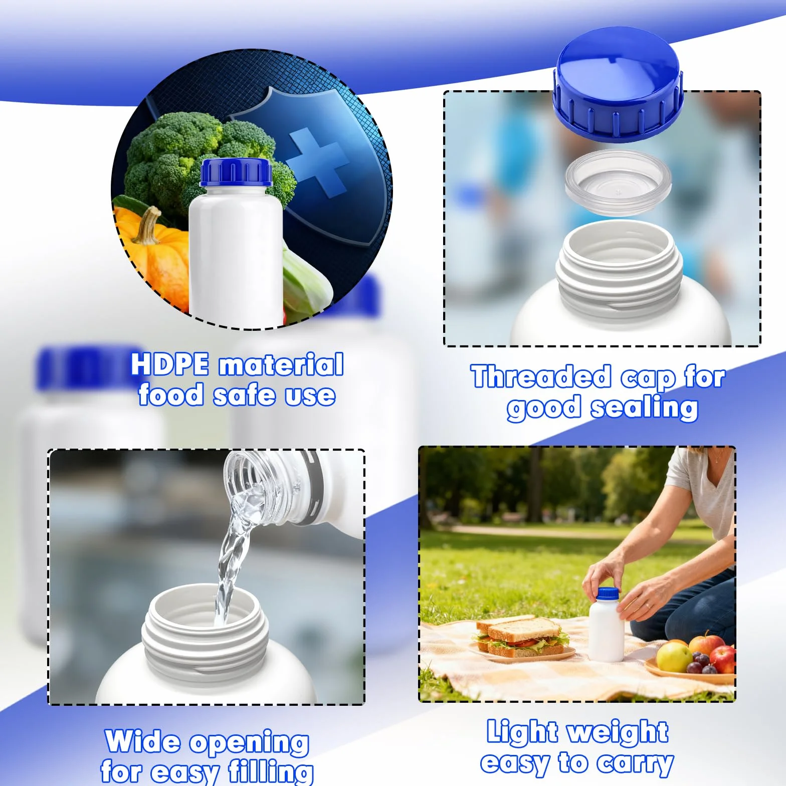 Botella de cuello ancho HDPE 1000 ml con tapón de rosca para laboratorio y productos químicos