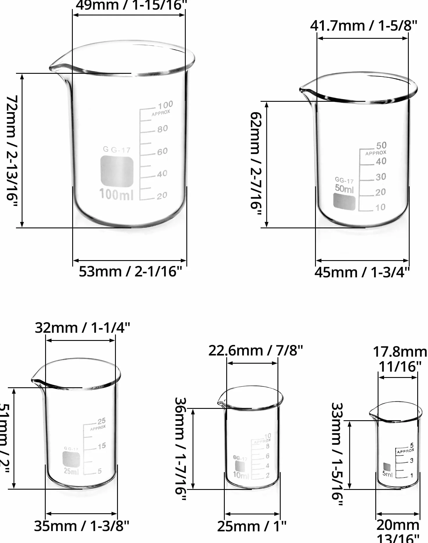 QWORK 5 Piezas Vaso de Precipitados Graduado de Vidrio Borosilicato 3.3, 5ml 10ml 25ml 50ml 100ml