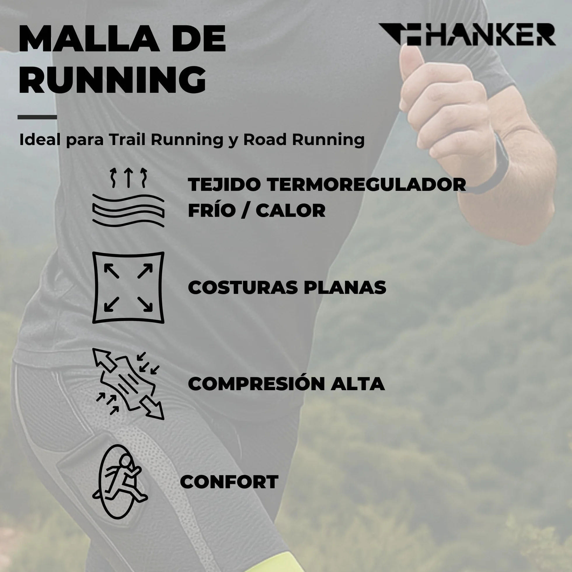 HANKER Mallas Compresión Hombre Running Trail – Bolsillos Laterales, Tejido Termorregulador Soft-Air, Costuras Planas Antirrozaduras