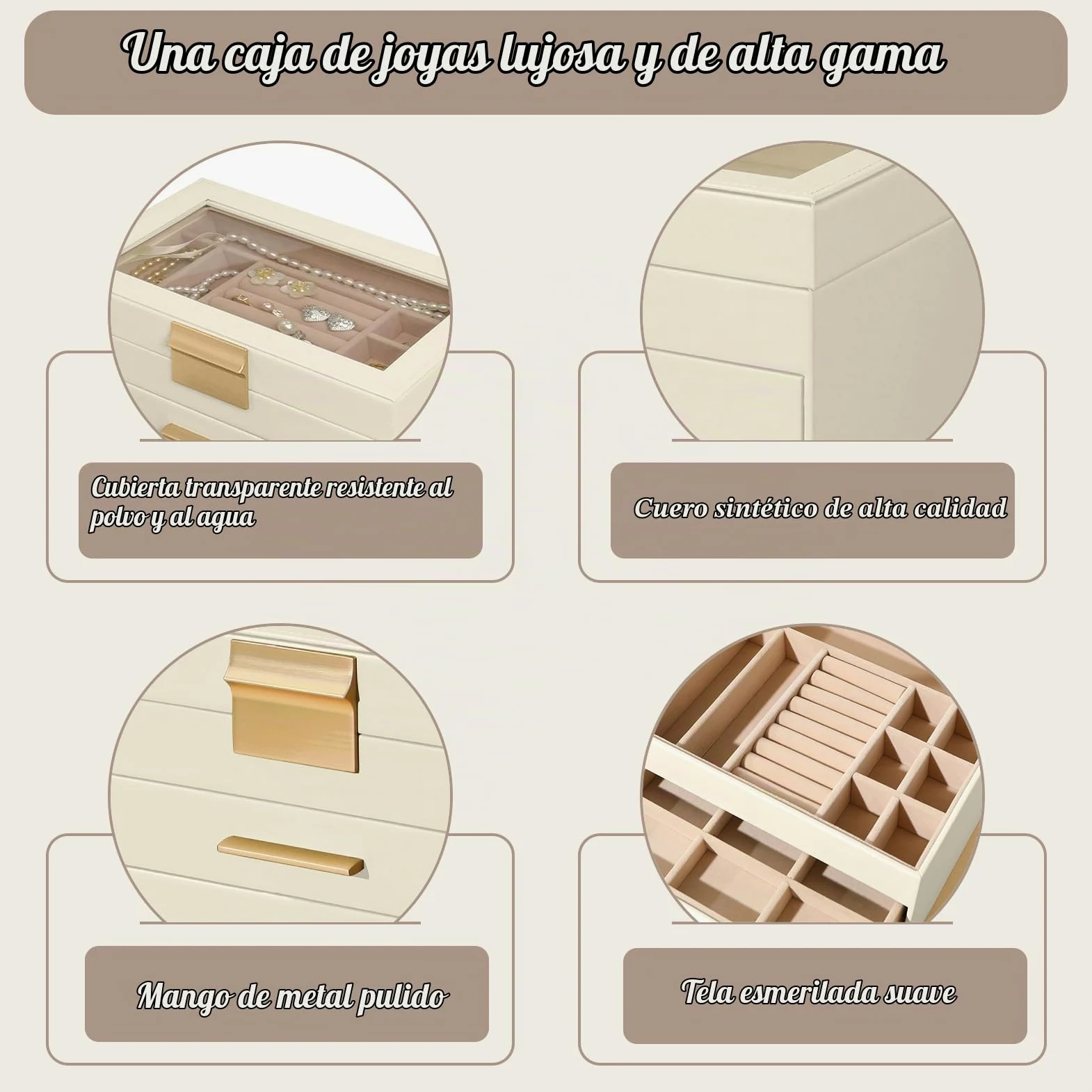 Caja Joyero Mujer de 4 Niveles, Joyeros Organizador Joyas Cuero PU | 3 Cajones, Gran Capacidad, Joyería Joyero para Mujeres y Niñas para Pendientes, Cadenas, Pulseras - Beige