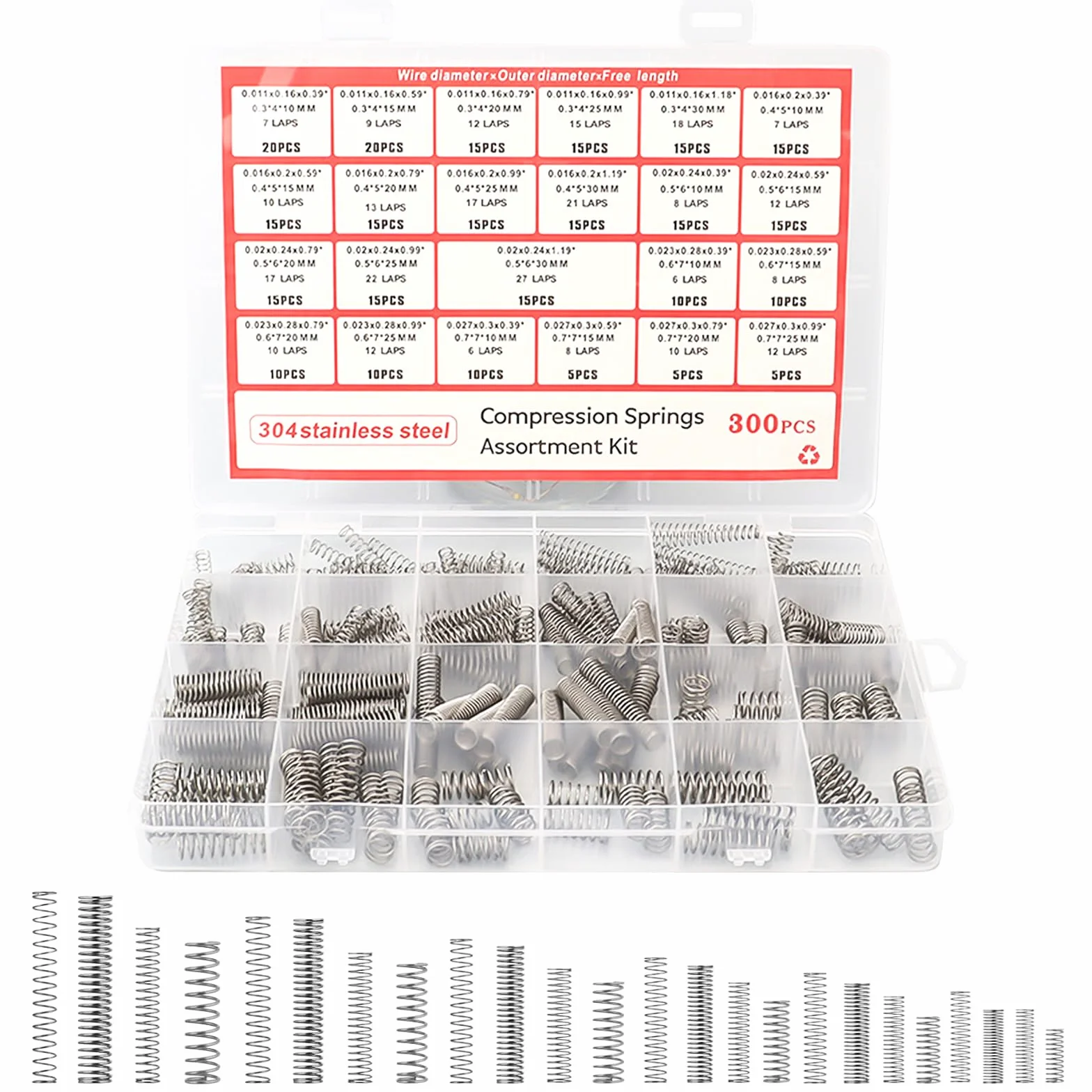 Kit Muelles de Compresion Acero Inoxidable 304 300 Piezas 23 Tamaños Resorte Comprimido