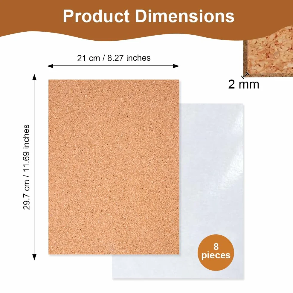 Tablero Autoadhesivo para Manualidades 8 Piezas 29,7x21cm A4 Corcho Autoadhesivas