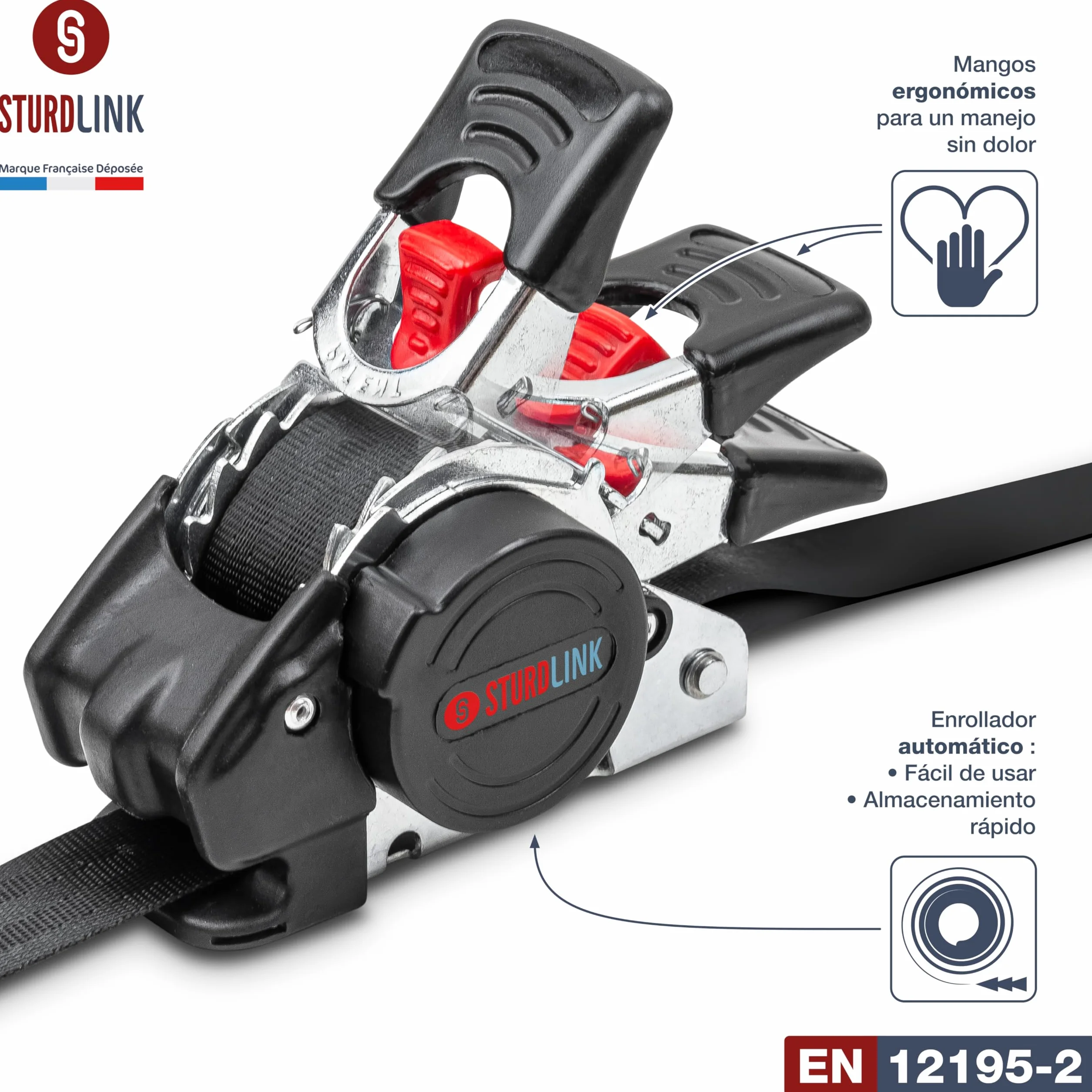 Cinchas de Amarre Carraca Autoenrollables 25mm 3m 300daN/600daN Ganchos Eslingas Trinquete Automatico x4 EN12195-2 Sturdlink®