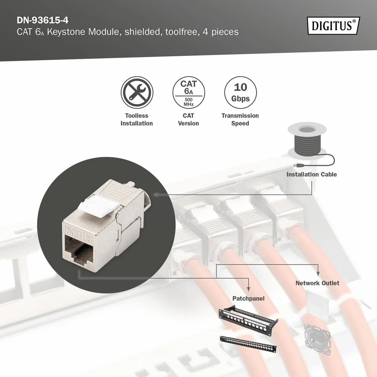 DIGITUS Módulo Keystone Cat-6A blindado RJ45 500 MHz 10GBase-T 4 unidades