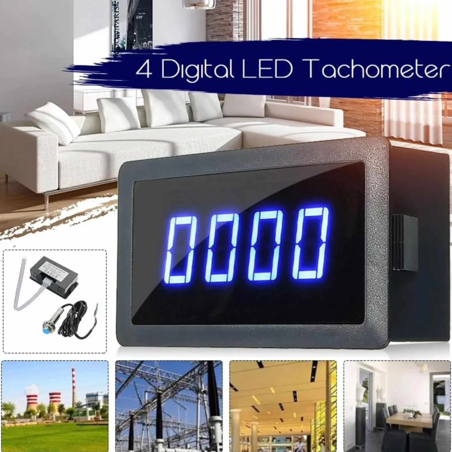Tacómetro LED Digital 4 Dígitos Medidor Velocidad RPM Sensor Proximidad Hall NPN Entrada NPN/PNP Rango 10-999999RPM Azul