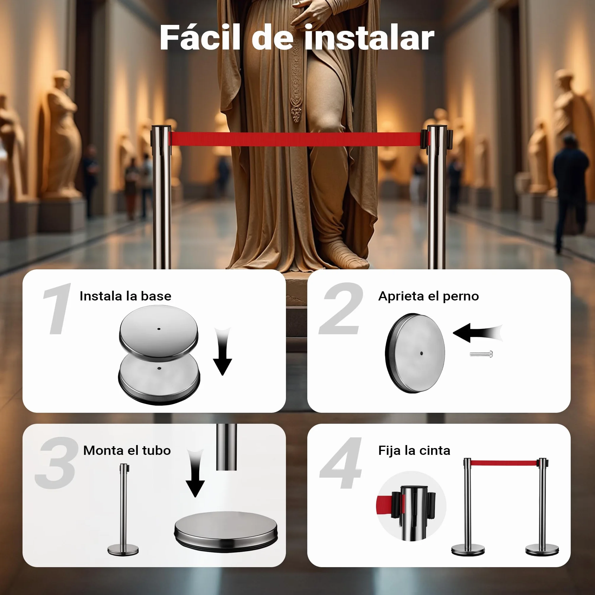 Wiltec Juego de 2 postes separadores con cinta retráctil roja 200 cm, acero inoxidable
