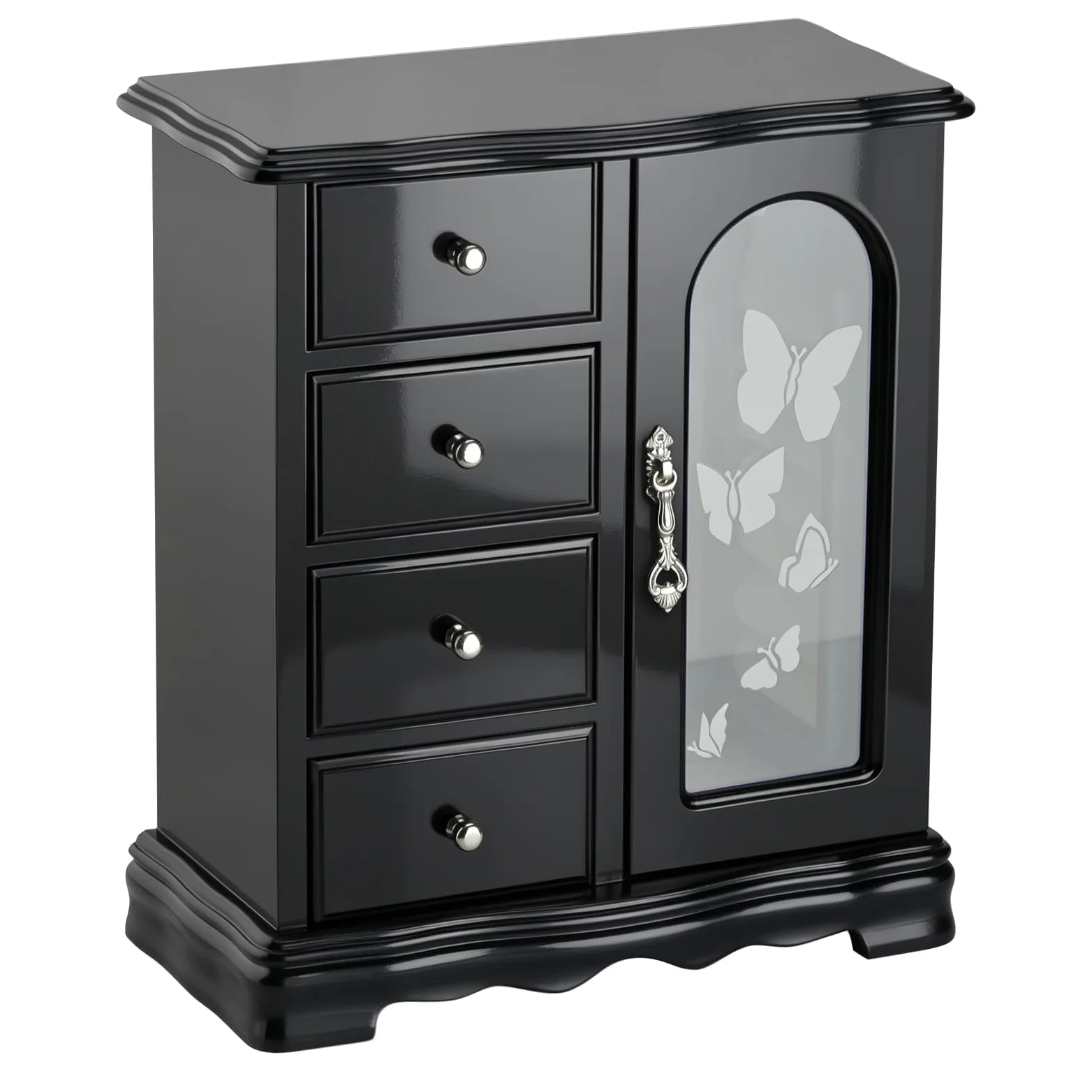 Joyero hecho de madera maciza con organizador de 4 cajones y carrusel de collares integrado y espejo grande negro