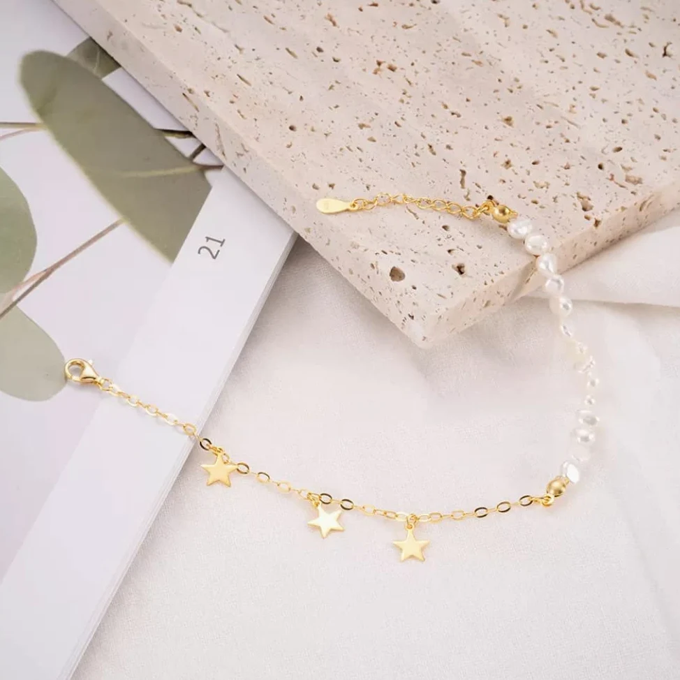 Pulsera o tobillo de plata de ley 925 chapada en oro de 18 quilates, con clip de papel delicado y perlas de agua dulce, cadena cubana o tobillo, 7 pulgadas + extensor de 1 pulgada, hipoalergénico, sin