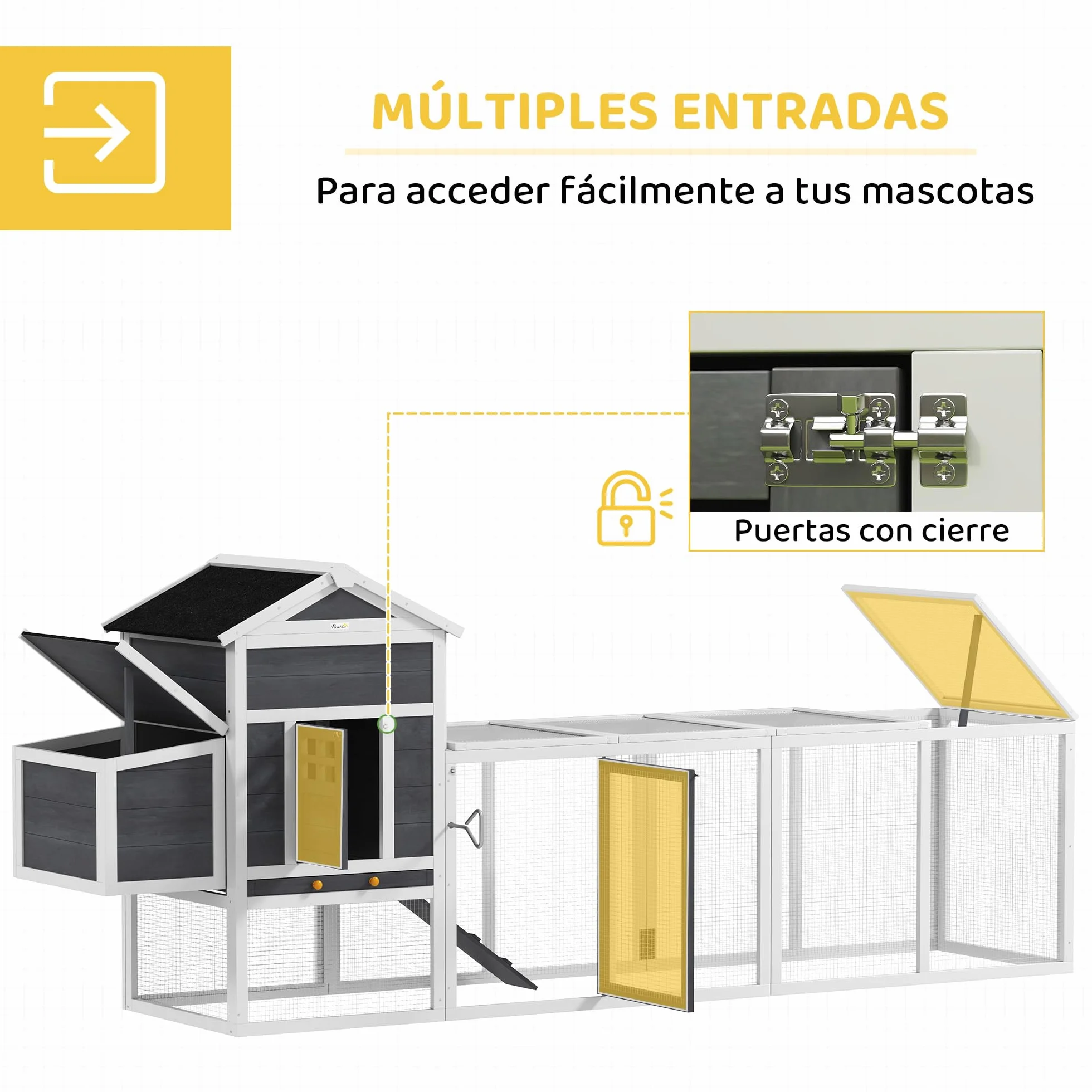 PawHut Gallinero Exterior Madera Grande 297,5x68x118 cm para 3-6 Gallinas con Nido Corral Bandeja Extraíble Techo Asfáltico Gris Blanco