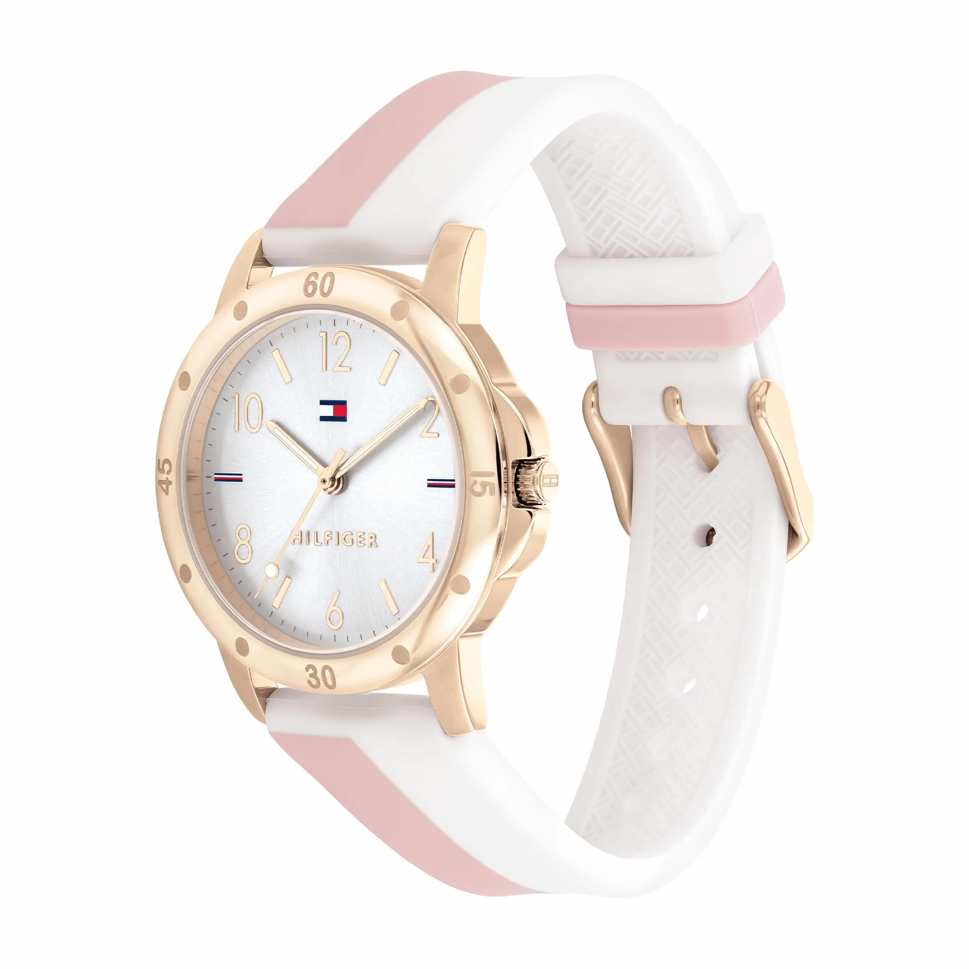 Tommy Hilfiger Reloj para Niña con Esfera Plateada, Correa de Silicona Blanca y Rosa, Caja de Oro Rosa de 32mm, Movimiento de Cuarzo de 3 Manecillas, Resistente al Agua 3 ATM - 1720015
