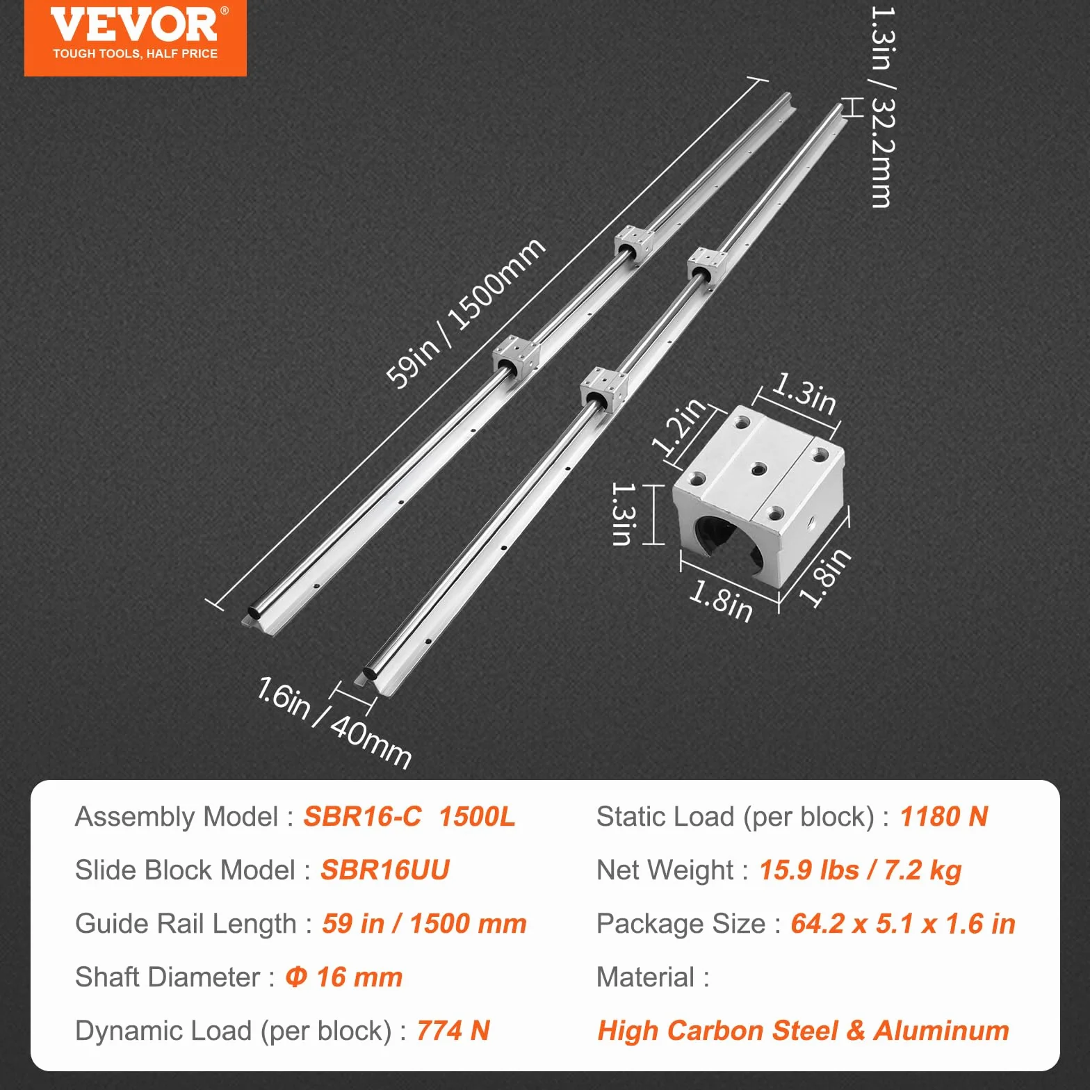 VEVOR SBR16 Rieles de Guía Lineal 1500mm 2PCS Carril Lineal 4PCS Bloque de Cojinete SBR16UU Kit Deslizamiento Cojinete Lineal para CNC Fresadoras Tornos Impresora 3D