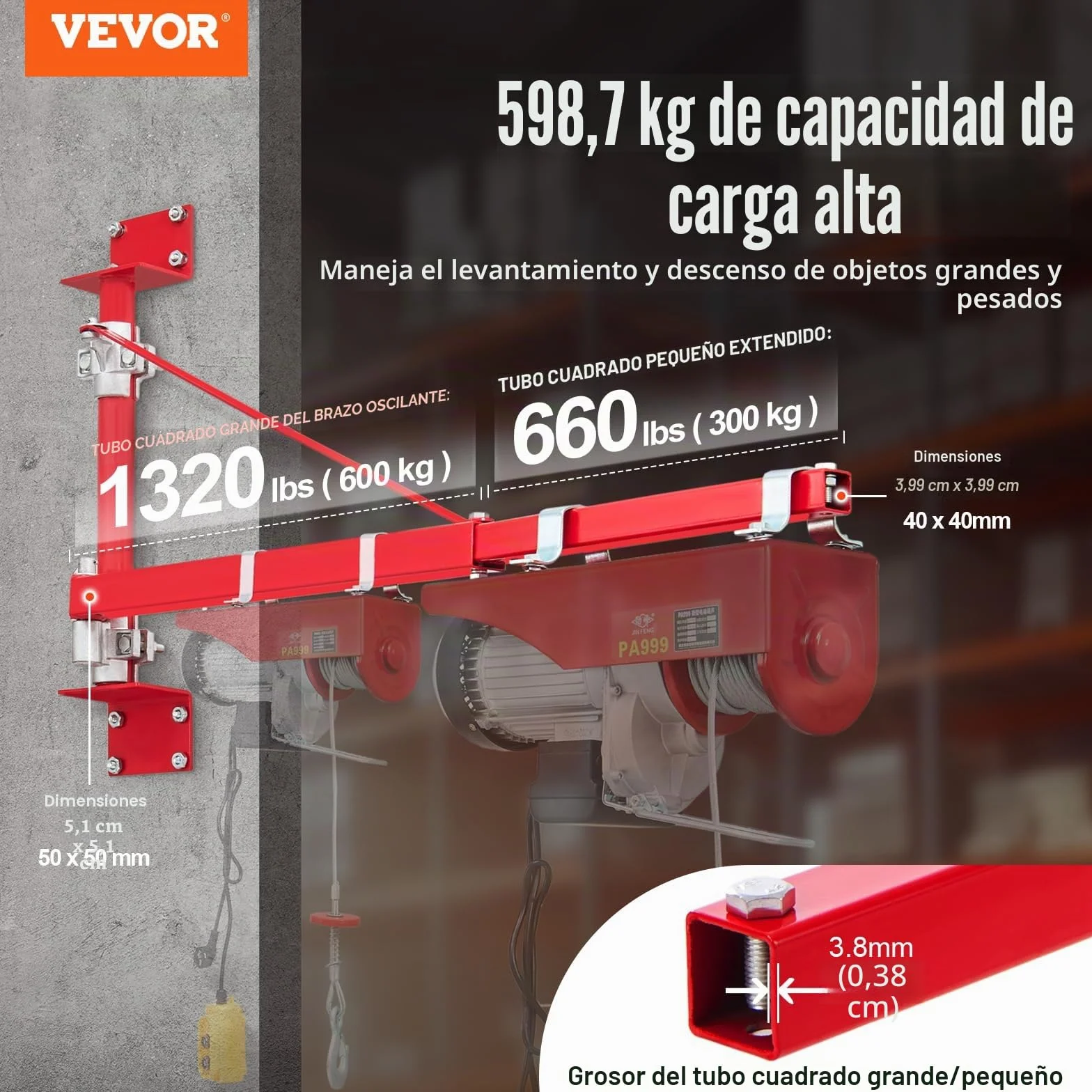 VEVOR Brazo de Soporte de Polipasto Eléctrico, 600KG, Carga Máxima, Brazo Oscilante con Poste, Acero