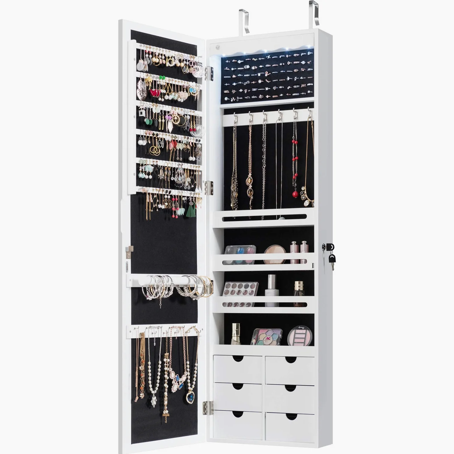 GOPLUS Armario Joyero de Pared,120 x 36,5 x 11,5 cm, Espejo Joyero con Luces LED y Cierre, llaves, Organizador de Almacenamiento para Pendiente Collar, Armario con Espejo y 6 Cajones(Blanco)