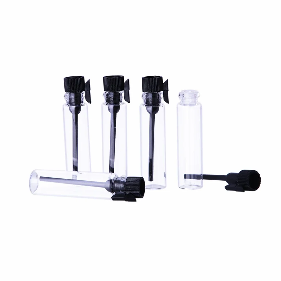 Muestras de perfume mini botellas de vidrio vacías con tapa negra (1 ml) para viajes y fiestas