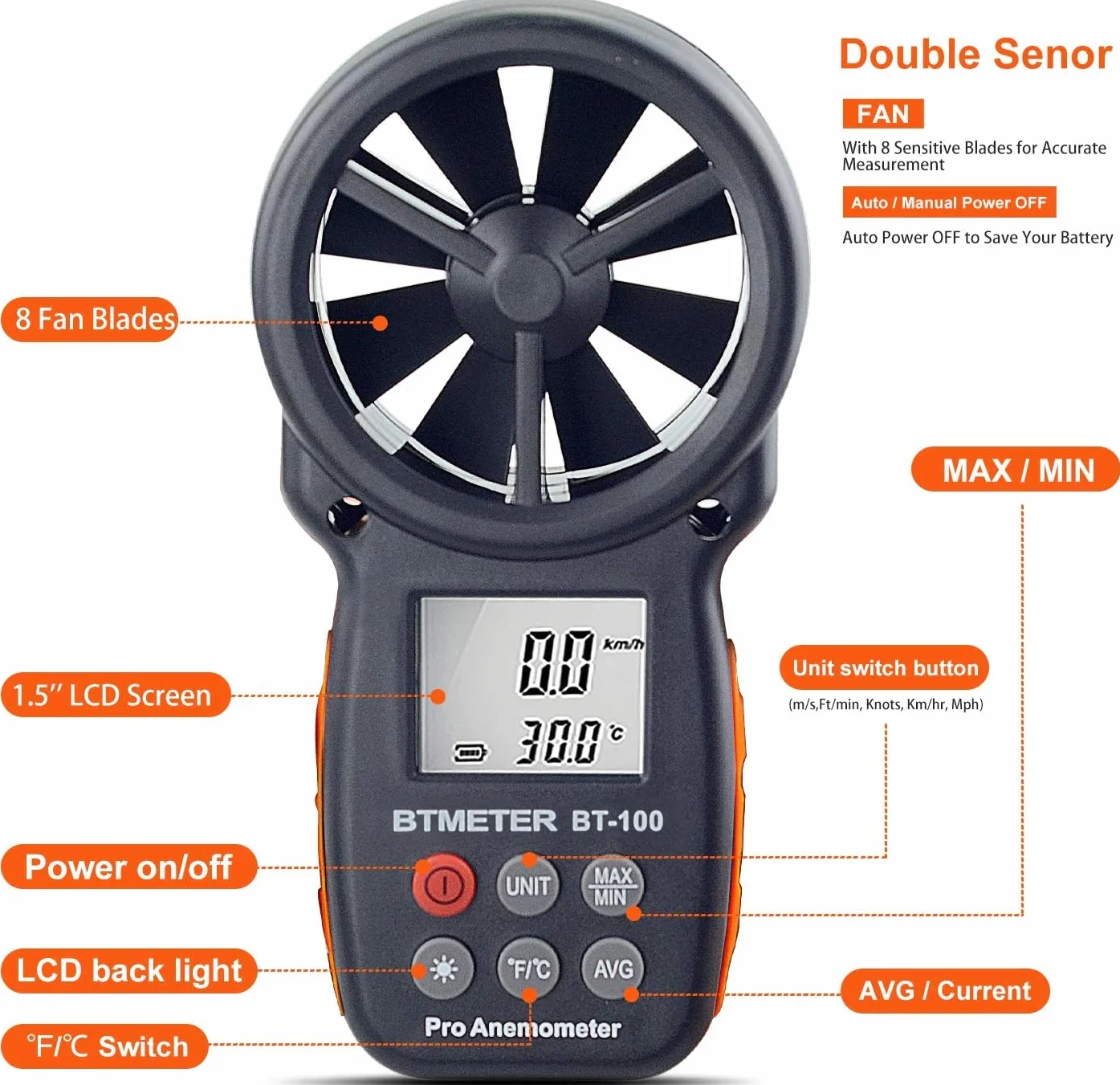 BTMETER Anemómetro digital BT-100 de mano medidor velocidad viento temperatura HVAC