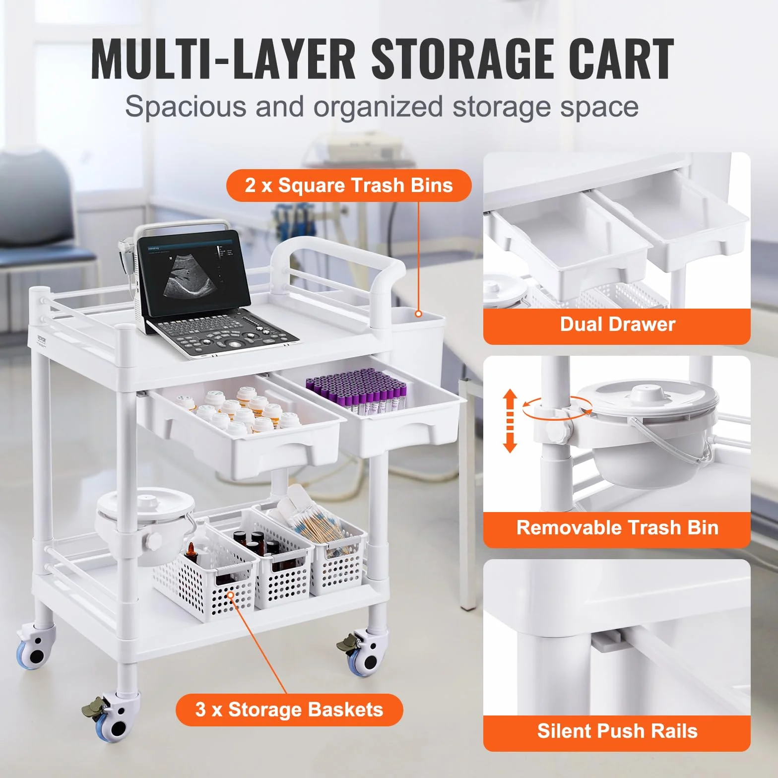 VEVOR Carro Médico 2 Niveles con 2 Bandejas 4 Ruedas Silenciosas Material PP 3 Botes de Basura Blanco