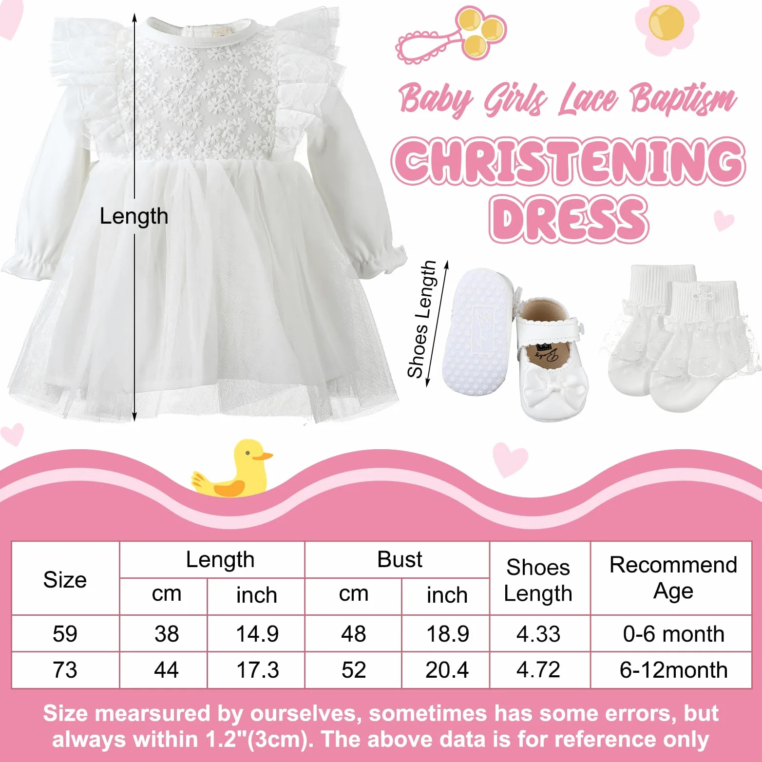 Juego de 5 piezas de vestido de bautizo para niña, incluye vestidos de bautizo, sombrero, cruz, pulsera, calcetines, zapatos
