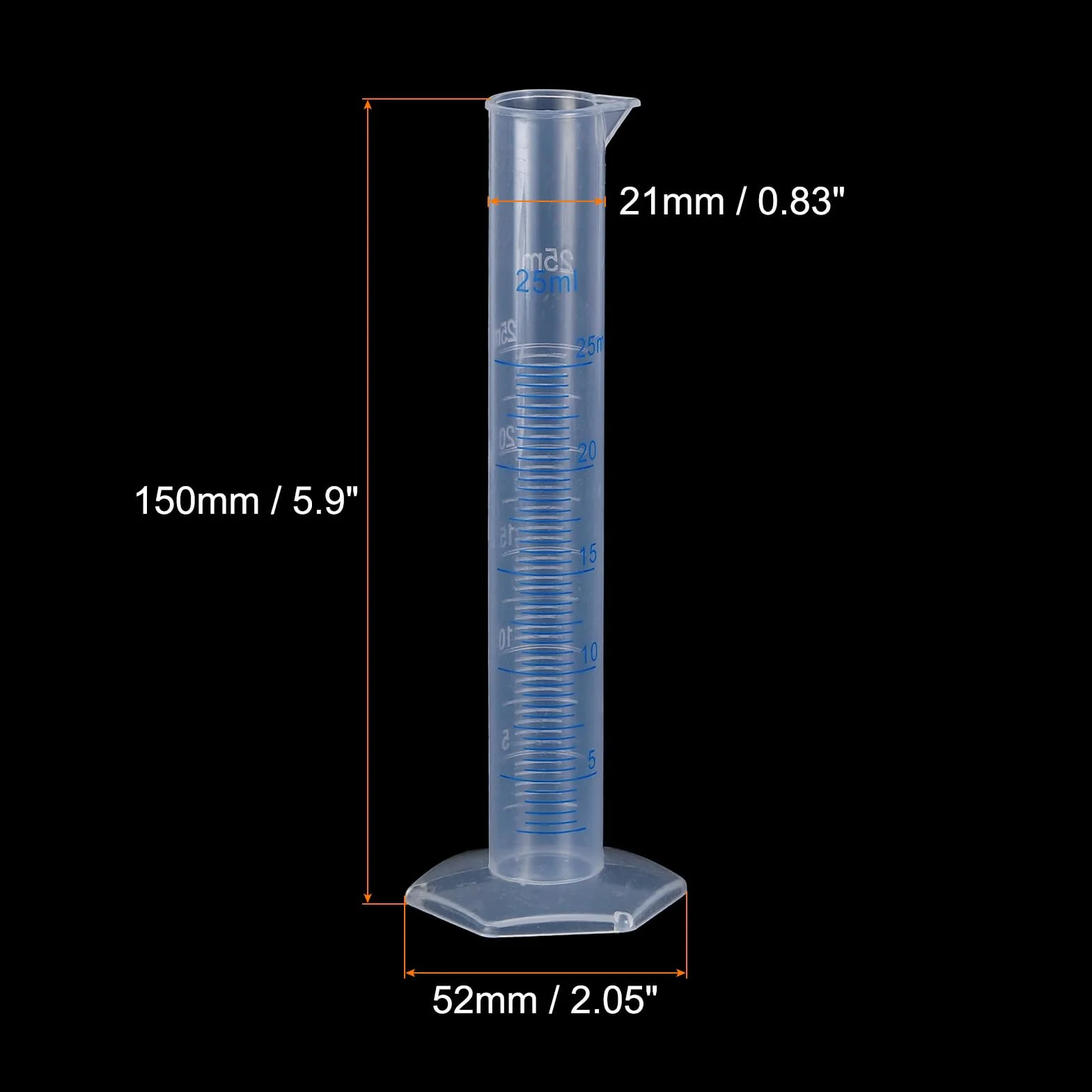 QUARKZMAN Cilindro Graduado de Plástico 25ml Medidor Tubos de Ensayo Base Hexagonal Transparente 10 Unidades
