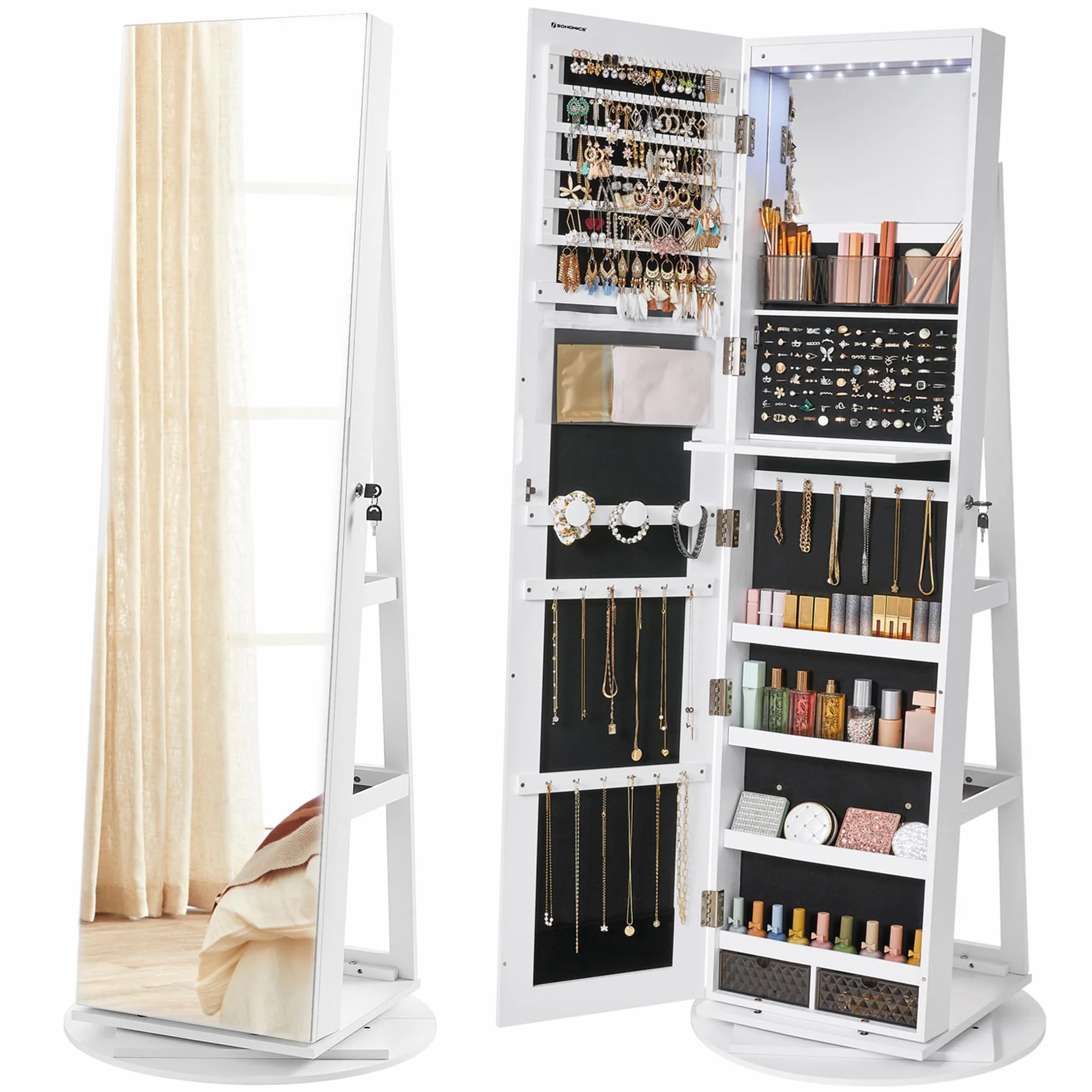 SONGMICS Espejo Joyero con 6 LEDs, Armario de Joyas de Giro de 360°, Organizador de Joyas Giratorio, sin Marco, Espejo Completo con Almacenaje, Superficie Blanco y Forro Negro JJC007W01