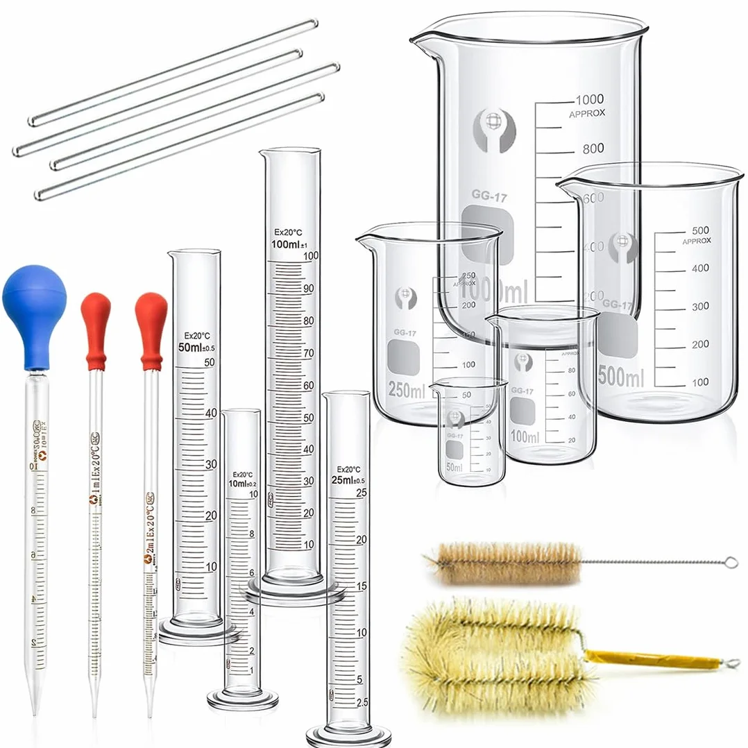 Set de Vasos de Precipitados de Cristal 50ml 100ml 250ml 500ml 1000ml Cilindro Graduado Laboratorio 10ml 25ml 50ml 100ml con Goteros Varillas Agitar Cepillos Limpieza