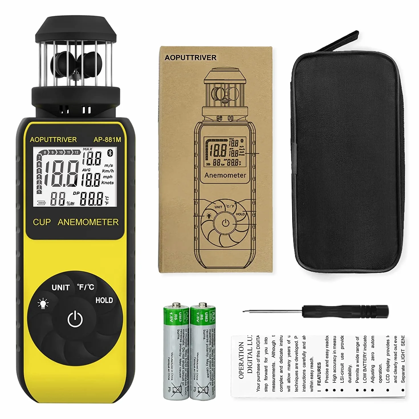 Anemómetro digital AP-881M Medidor de velocidad del viento portátil 360° Brújula