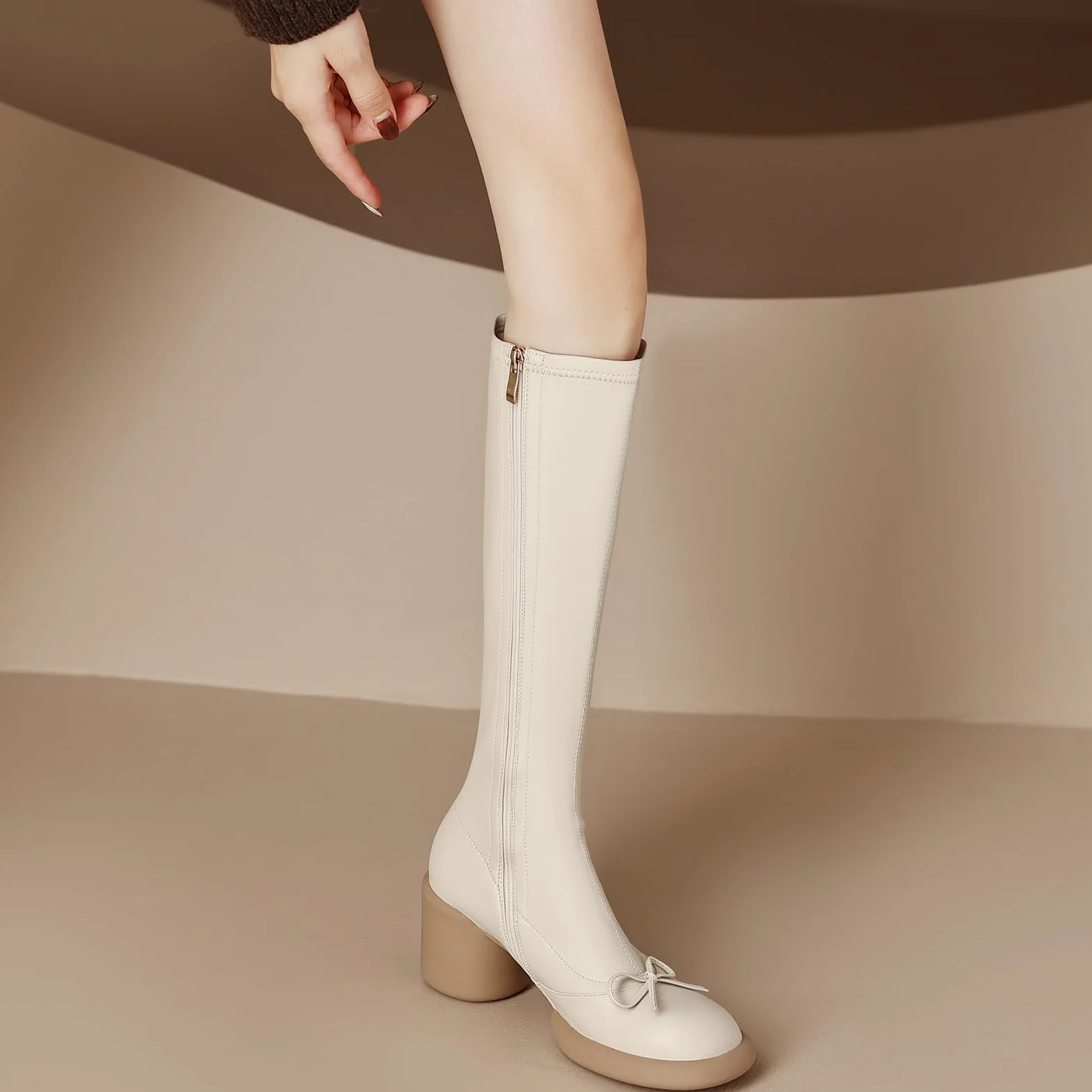 Botas altas de cuero para mujer tacón de bloque rodilla botas de montar con cremallera