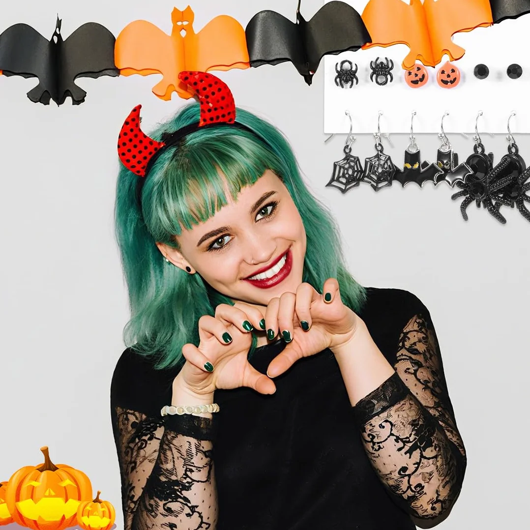 Juego de 6 pares de aretes de Halloween, aretes divertidos de calabaza, murciélago y araña, colgantes con temática de araña, decoraciones para niñas y mujeres