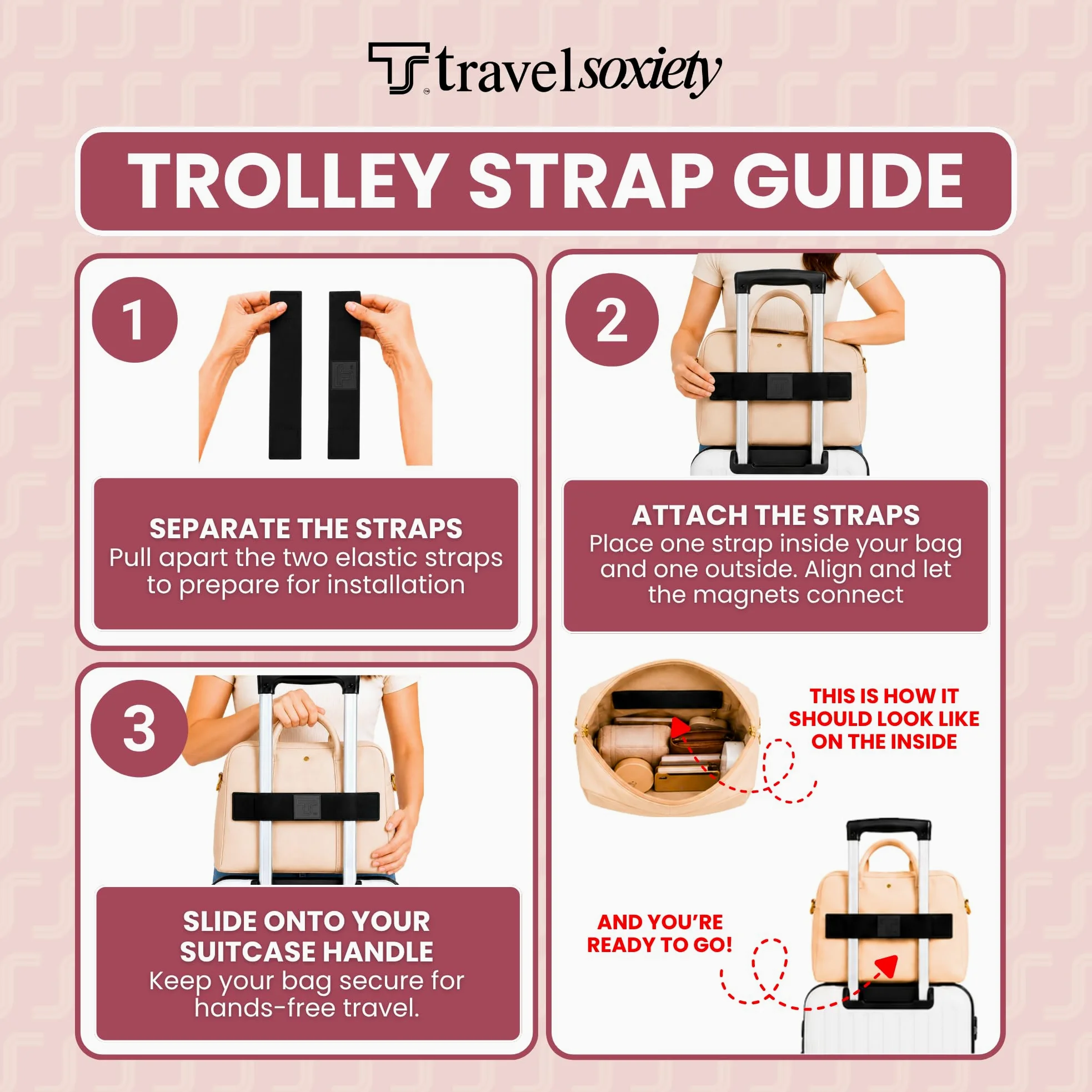 Correa de Trolley Correa de Equipaje de Mano Correa sobre el Asa de la Maleta para Sujetar Bolsa de Mano Accesorios de Viaje Aprobado por TSA Carry-On Funda de Cinturón Añadir una Bolsa para Mochila