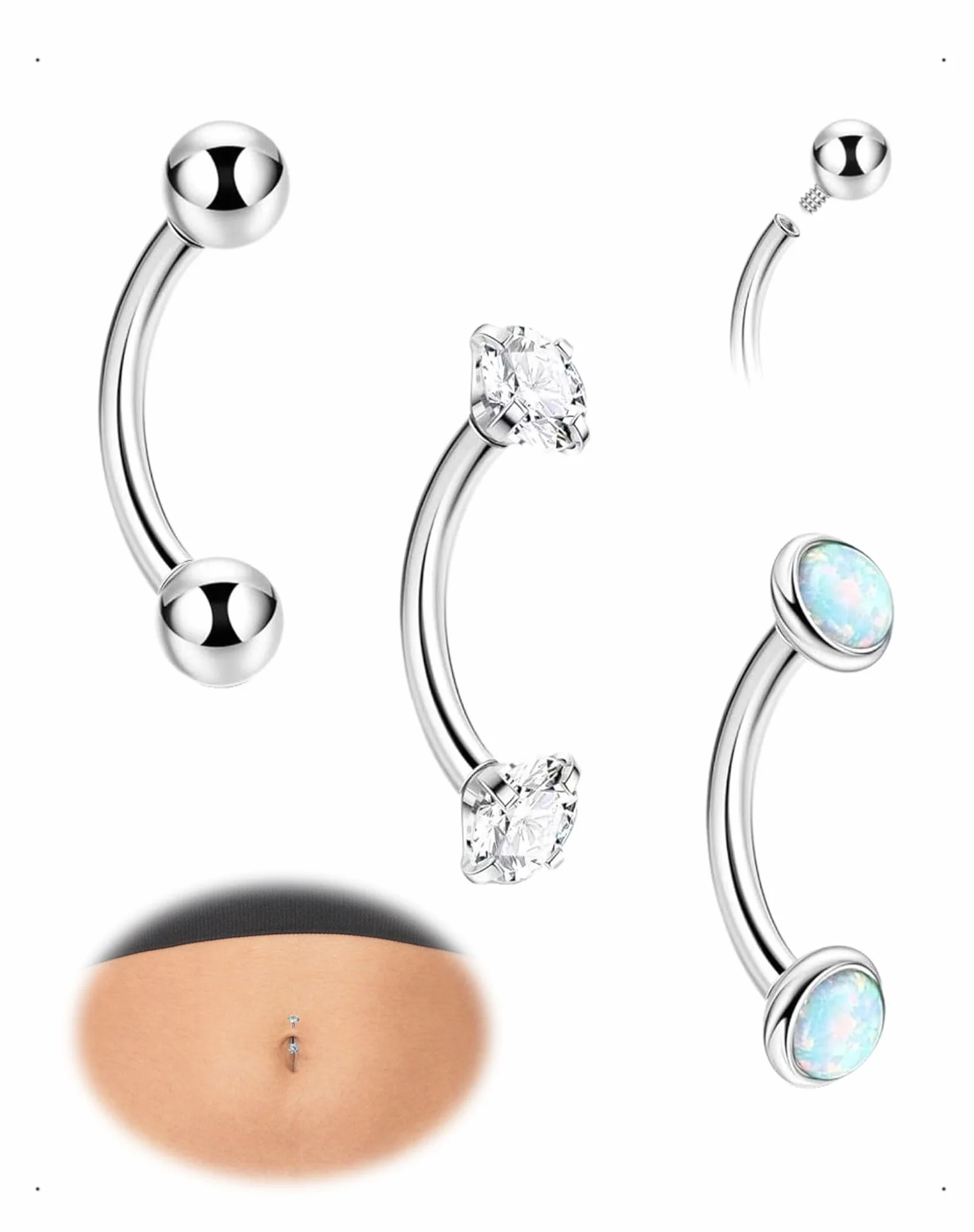3 Piezas Piercings Ombligo de Acero Inoxidable de 10 mm, Clicker Ombligo de Acero Quirúrgico para Piercing con Anillos de Circonita Cúbica para Mujeres, Plata/Oro