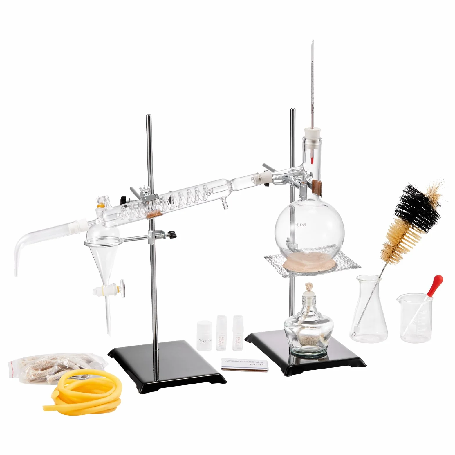 VEVOR Kit de destilación de aceites esenciales 500 ml, destilación de vidrio de laboratorio 3.3 Boro con lámpara de alcohol, malla de cerámica, conexión 24/40, 28 piezas
