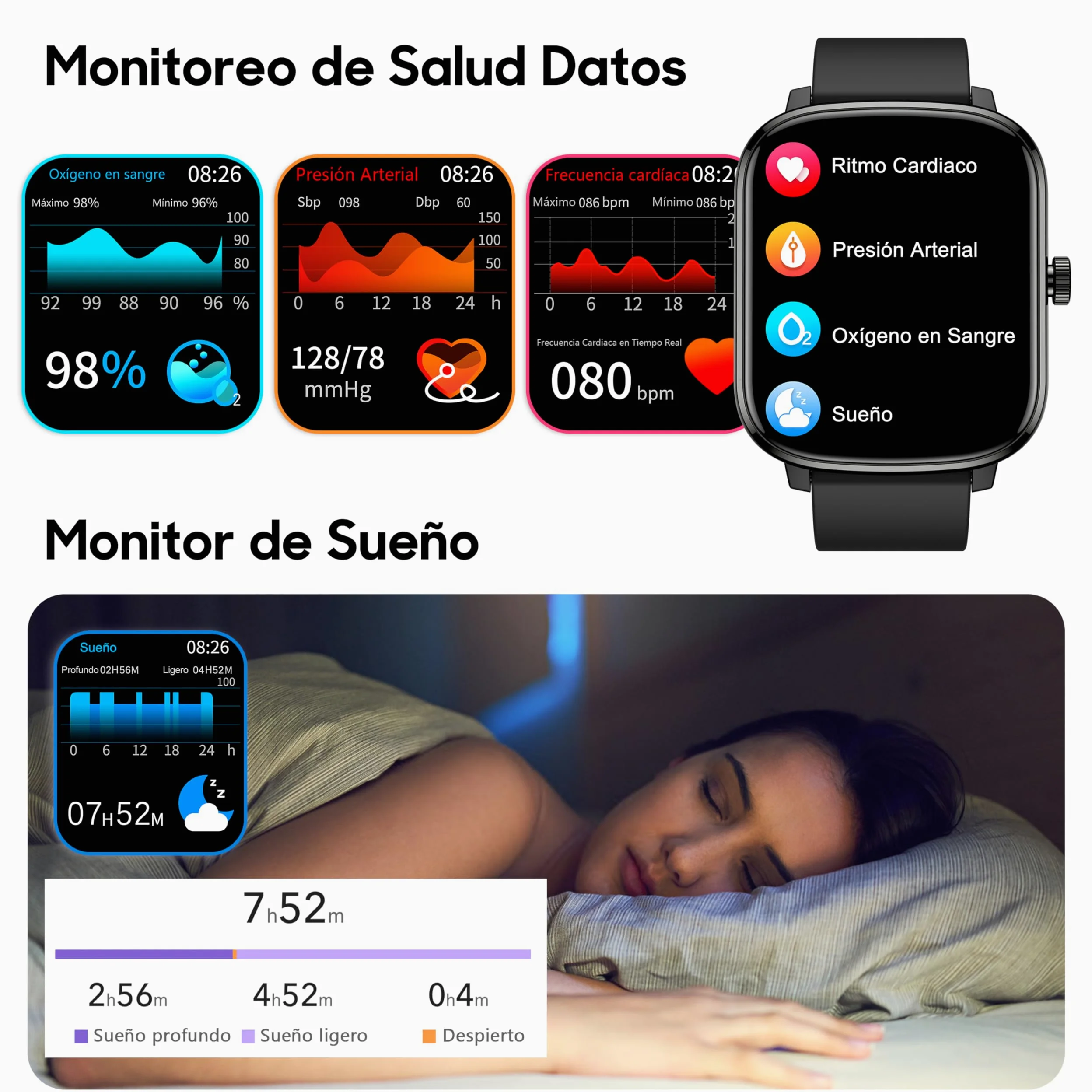 KALINCO Reloj Inteligente Mujer Hombre, 1,69” Smartwatch con Presión Arterial Whatsapp Notificación Frecuencia Cardíaca SpO2 Sueño Podómetro Pantalla Dividida Reloj Deportivo para Android iOS